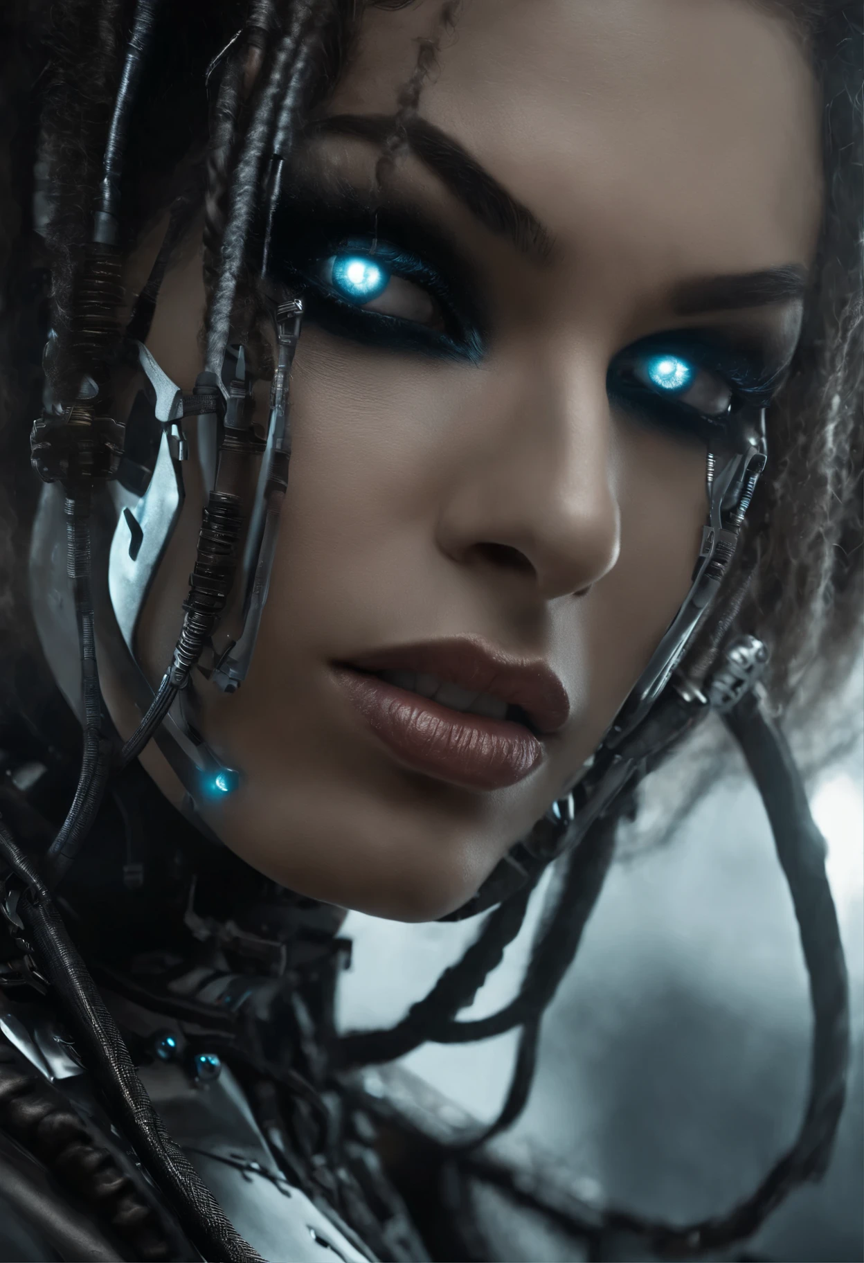 a close-up of a woman with a very strange face and strange hair, horror cyberpunk style, angry cyberpunk beautiful goddess, cyborg woman, hyper-realistic cyberpunk style, cyborg girl, cyberpunk style,hyper-realistic, intricate cyberpunk makeup - up, cyborg - girl, cyborg fashion model, Detailed portrait of a cyborg, cyberpunk cyborg, angry female cyborg