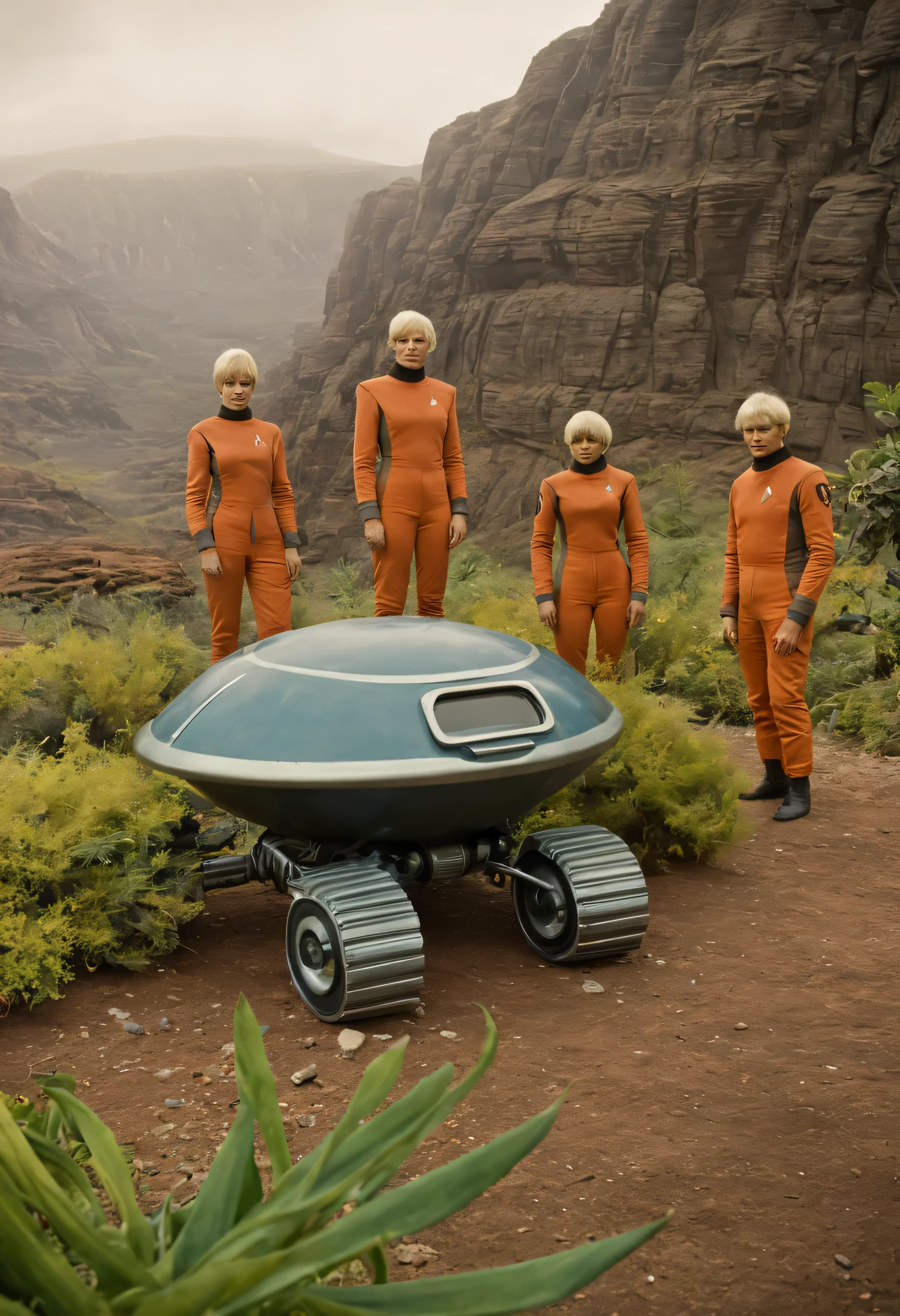 Crew of an old starship from a 1960s TV series on a rustic, picturesque planet, inserir um robot estilo B9 ao lado da tripulação, lost in space, with scenic plants and rocks, republic series, Programa de TV de Irwin Allen, Science fiction, Uniformes de acampamento coloridos estilo Star Trek e Lost in Space, retro look, vintage, estilo antigo, rostos perfeitos tipo atores dos anos de 1960, ((ROSTOS PERFEITOS)), large very colorful scenery, cogumelos gigantes, Plantas Estrangeiros, ((ROSTOS PERFEITOS)), include a foreigner in the crew, rostos melhorados, Estrangeiro, robot, Planeta Extraterrestre, TV studio lighting, fake scenario