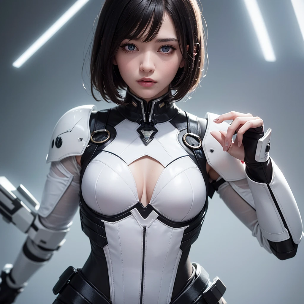 ((1 girl)), ((masterpiece)), Lovely,pretty face, blue eyes:1.2, ((black hair)), (shiny hair), nude lips, big breasts, Big , whole body, looking at the audience, masterpiece:1.5, ((Beautiful and delicate eyes)), Lovely eyes, best quality, Perfect body, shining body, (overexposure),Cinema lighting, dynamic lighting, ((Correct hand anatomy)), very high resolution, high resolution, (((Super detailed))), (extremely delicate and beautiful), (((Beautiful and delicate eyes))), depth of field, There is a woman in a white suit posing for a photo, Gothic web set, Chrome set, Dystopian sci-fi set, futuristic clothing, whole body X-Force 套装, Wear technical clothing and armor, Wearing a dark space mercenary uniform, shiny white armor, Abandoned mecha on the background, Cyberpunk Pearl Armor, cyberpunk suit, Female protagonist, Fair and translucent skin