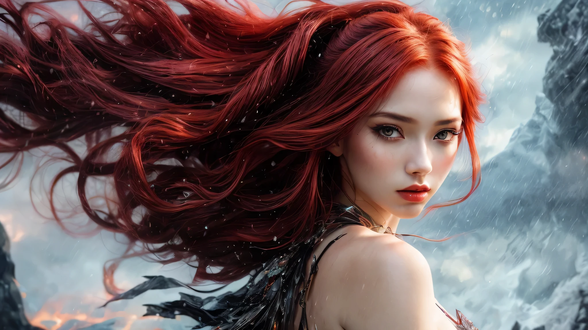 close-up [photo|digital art], young woman, (long red hair:1.2), (dynamic pose:1.2), , (wind effect), (shattered background:1.hantasmagoria:1.2), clouds, rain, inferno, snow, ice, (delirium, dream, nightmare, , abstract, fantasy), glitter, sparkles, shimmer, glimmer, consistent facial and body proportions, artistic expression, aesthetic design, intricate composition, refined body details, color gradient, clear shades, intense shadows, sharp focus, extensive details, high resolution, subtle lighting and highlights, fine textures