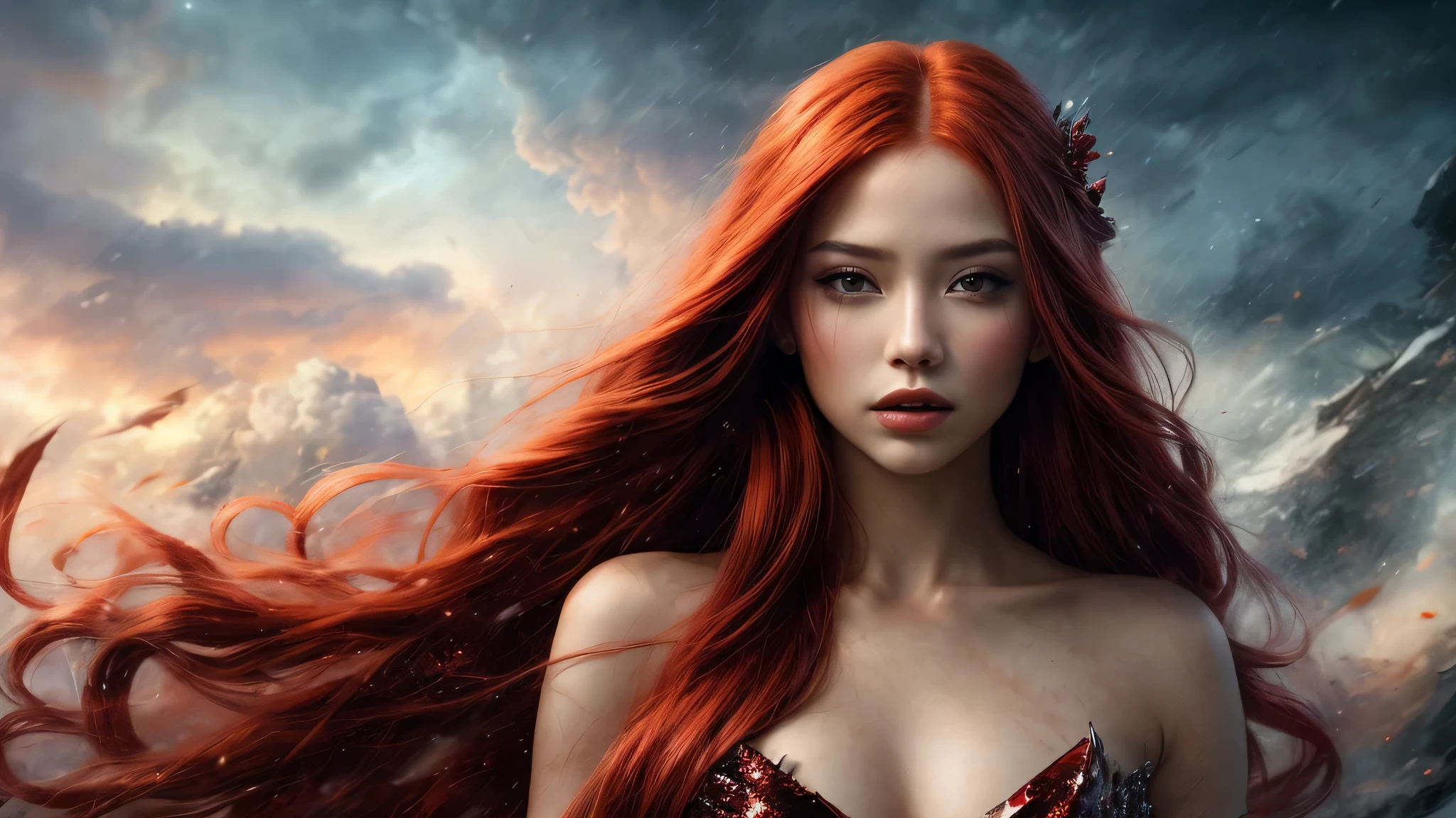 close-up [photo|digital art], young woman, (long red hair:1.2), (dynamic pose:1.2), , (wind effect), (shattered background:1.hantasmagoria:1.2), clouds, rain, inferno, snow, ice, (delirium, dream, nightmare, , abstract, fantasy), glitter, sparkles, shimmer, glimmer, consistent facial and body proportions, artistic expression, aesthetic design, intricate composition, refined body details, color gradient, clear shades, intense shadows, sharp focus, extensive details, high resolution, subtle lighting and highlights, fine textures