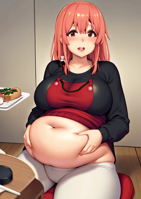 very fat, large stomach, chubby (best quality, masterpiece),fat, belly, sitting down, Sumi Sakurasawa, Sumi rent a gf, christmas, wearing a sweater, table with food