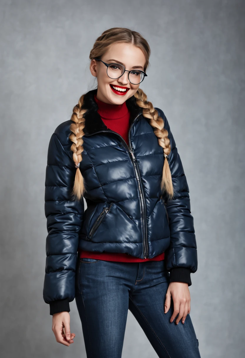 ultrarealistic high quality photo of a beautiful young tall and busty european woman with cute face and natural blonde long hair with braided pigtailsand beautiful embarrassed smile, realistic eyes, freckles, glossy red lips, smokey eyes makeup, wearing black leather puffer jacket with dark blue pullover and black skinny jeans, full body studio photography, silver glasses