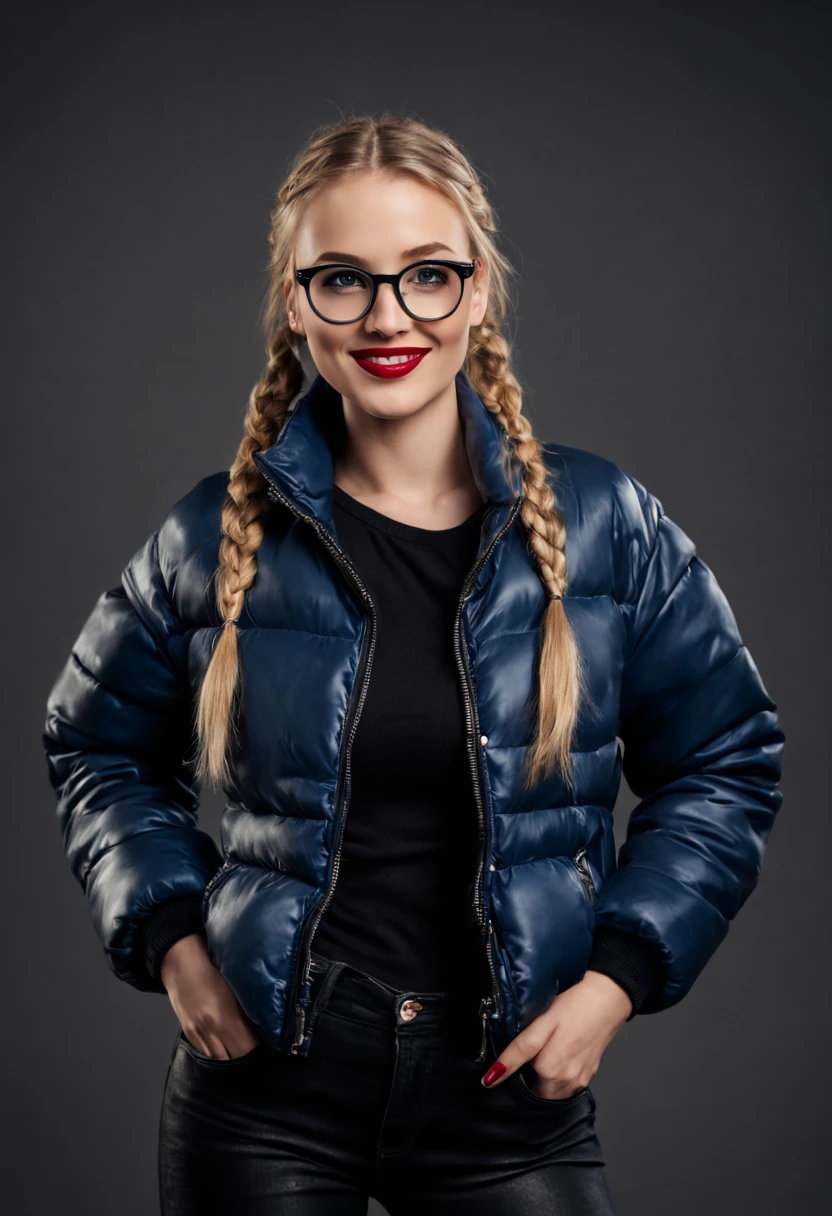 ultrarealistic high quality photo of a beautiful young tall and busty european woman with cute face and natural blonde long hair with braided pigtailsand beautiful embarrassed smile, realistic eyes, freckles, glossy red lips, smokey eyes makeup, wearing black leather puffer jacket with dark blue pullover and black skinny jeans, full body studio photography, silver glasses