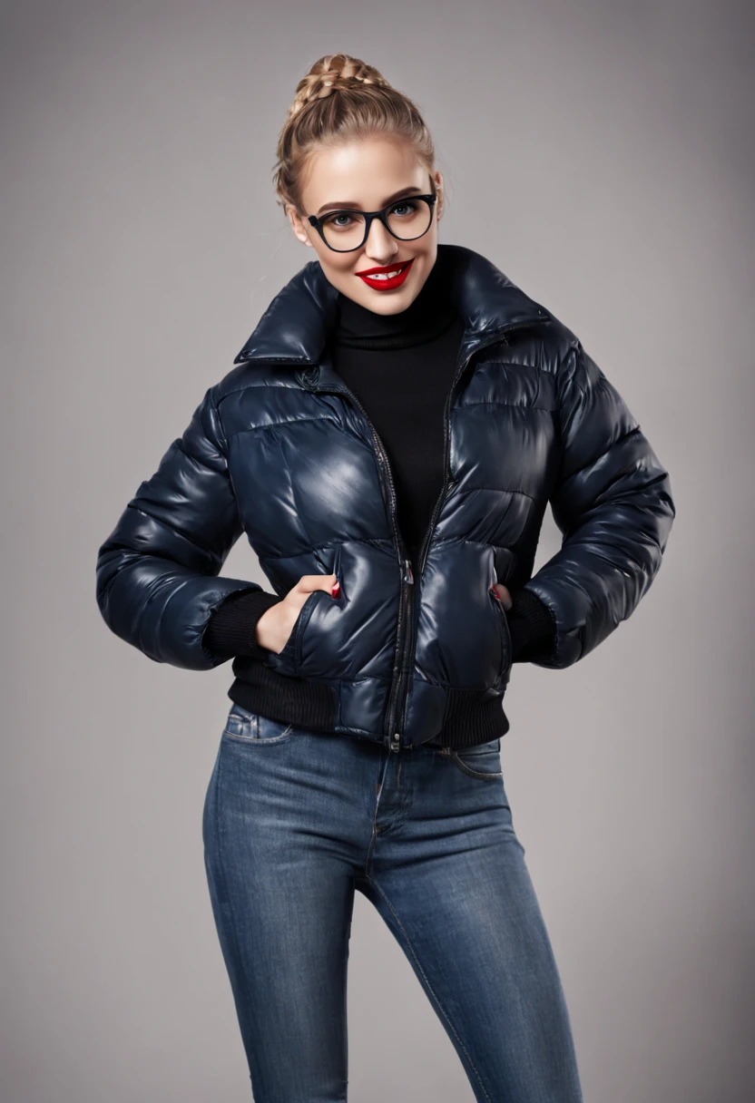 ultrarealistic high quality photo of a beautiful young tall and busty european woman with cute face and natural blonde long hair with braided pigtailsand beautiful embarrassed smile, realistic eyes, freckles, glossy red lips, smokey eyes makeup, wearing black leather puffer jacket with dark blue pullover and black skinny jeans, full body studio photography, silver glasses