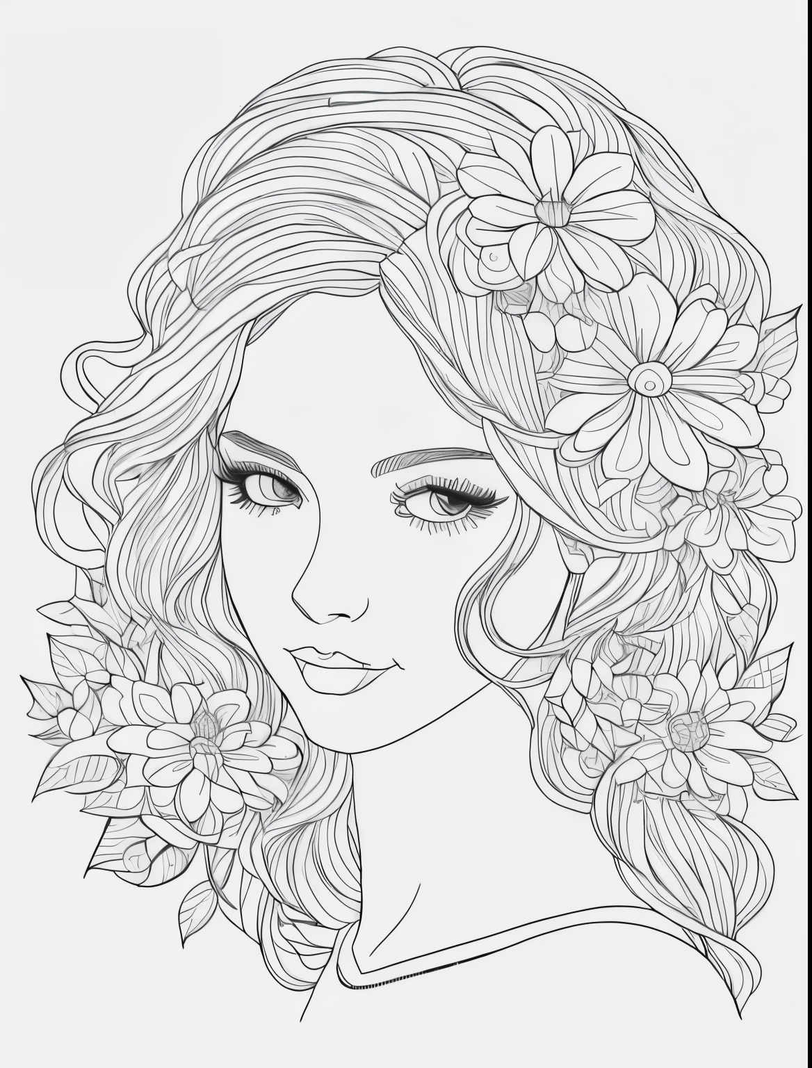 a woman with flowers in her hair and a flower crown, clean coloring book page, line art colouring page, line art portrait, lineart behance hd, beautiful line art, black and white coloring, line - art, coloring book outline, outline art, illustration black outlining, line art illustration, clean lineart, coloring book page, outlined art