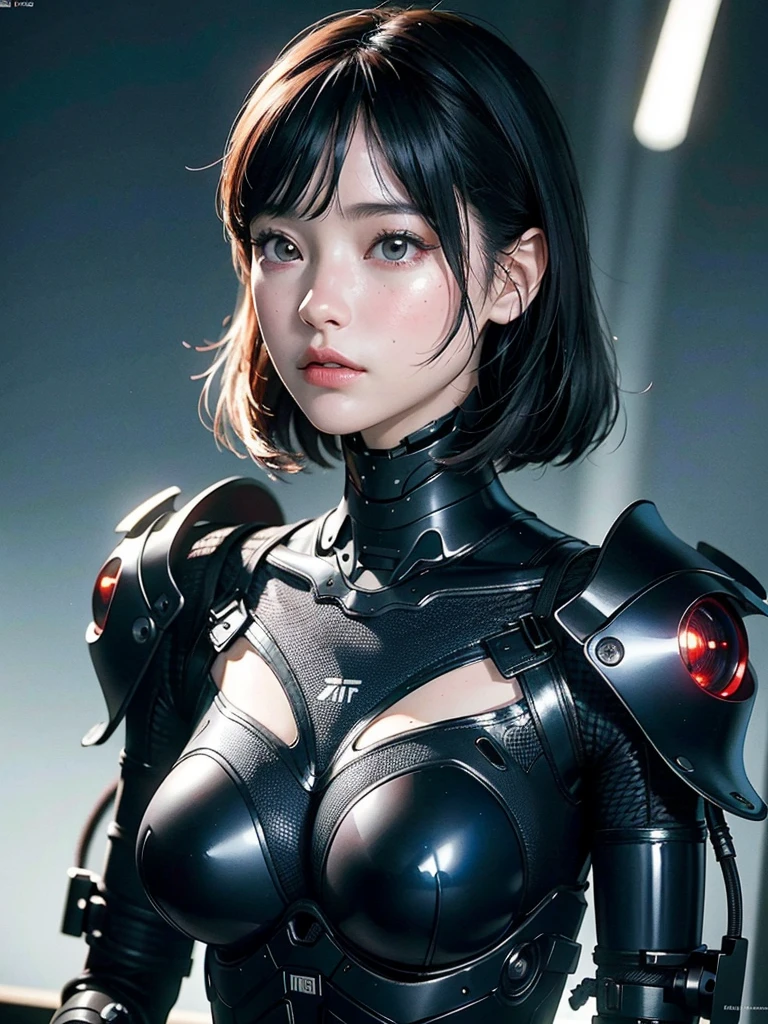 Complex 3D rendering of ultra-detailed porcelain girl, 1 girl, (natural skin texture, actual eye details:1.2), part, beautiful soft light, rim light, Vibrant details, Luxury Cyberpunk, hyperactual, anatomical, face muscles, Cable wire, microchip, elegant, beautiful background, octane rendering, apple style, 8k, best quality, masterpiece, illustration, extremely delicate and beautiful, CG, Unite, wallpaper, (actual, photo-actual:1.2), Astonishing, fine details, masterpiece, best quality, official art, extremely detailed CG Unite 8k wallpaper, Extremely ridiculous, sexy, Mechanical skeleton, Android, Surrealism, Doomsday wasteland, (high-tech prosthetics:1.2), Fluffy black short hair, Perfect body, Navy blue glowing cyber ship