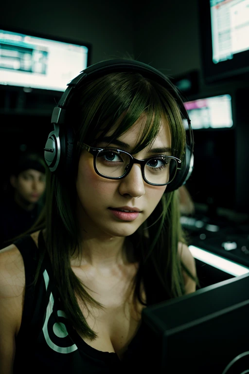 Anime, DJing girls, DJ, DJ girl, headphones, Rave, (highest image quality),Meisterwerk,best quality,extremely detailliert CG wallpaper, Ultra_detailliert,(filmische Beleuchtung:1.1), (kaltes Gesicht), green eyes, 1girl, Allein, Dark green_Haar, kurz_Haar, Meisterwerk, best quality, glasses