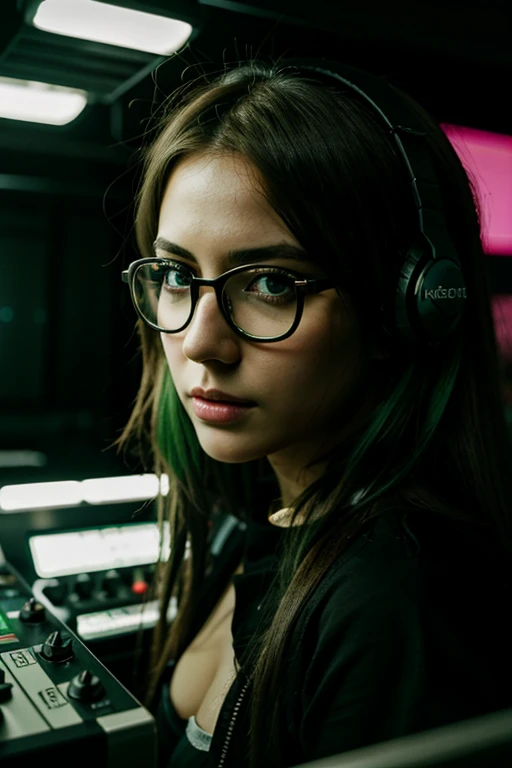 Anime, DJing girls, DJ, DJ girl, headphones, Rave, (highest image quality),Meisterwerk,best quality,extremely detailliert CG wallpaper, Ultra_detailliert,(filmische Beleuchtung:1.1), (kaltes Gesicht), green eyes, 1girl, Allein, Dark green_Haar, kurz_Haar, Meisterwerk, best quality, glasses