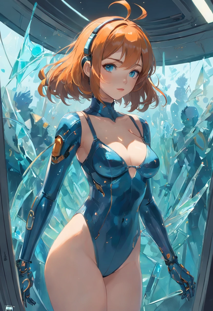 Smasterpiece, best quality, 8K, colorful, photorealistic, HDR, high detail, wallpaper, colorful, beautiful face, detailed face, detailed eyes, 1girl, (ginger girl), (voluptouse), (makeup), (smirking), (sky-blue eyes), (long wavy hair), (orange-copper hair), (huge breasts), wide hips, (huge ass), thighs tights, (perfect legs), (matter:1.5), (wearing a sexy SC tight body suit, plugsuit, interface headset), (science fiction:1.25), ( broken glass:1.3), doll, mirrors, (full body), ((dynamic pose)), In the style of Adrian Ghenie, Esao Andrews, Jenny Saville, Edward Hopper, surrealism, Dark Art par James Jean, Takato Yamamoto, Minimalisme inkpunk. Dans le style de Tim Burton. Dans le style de Sewerslvt.