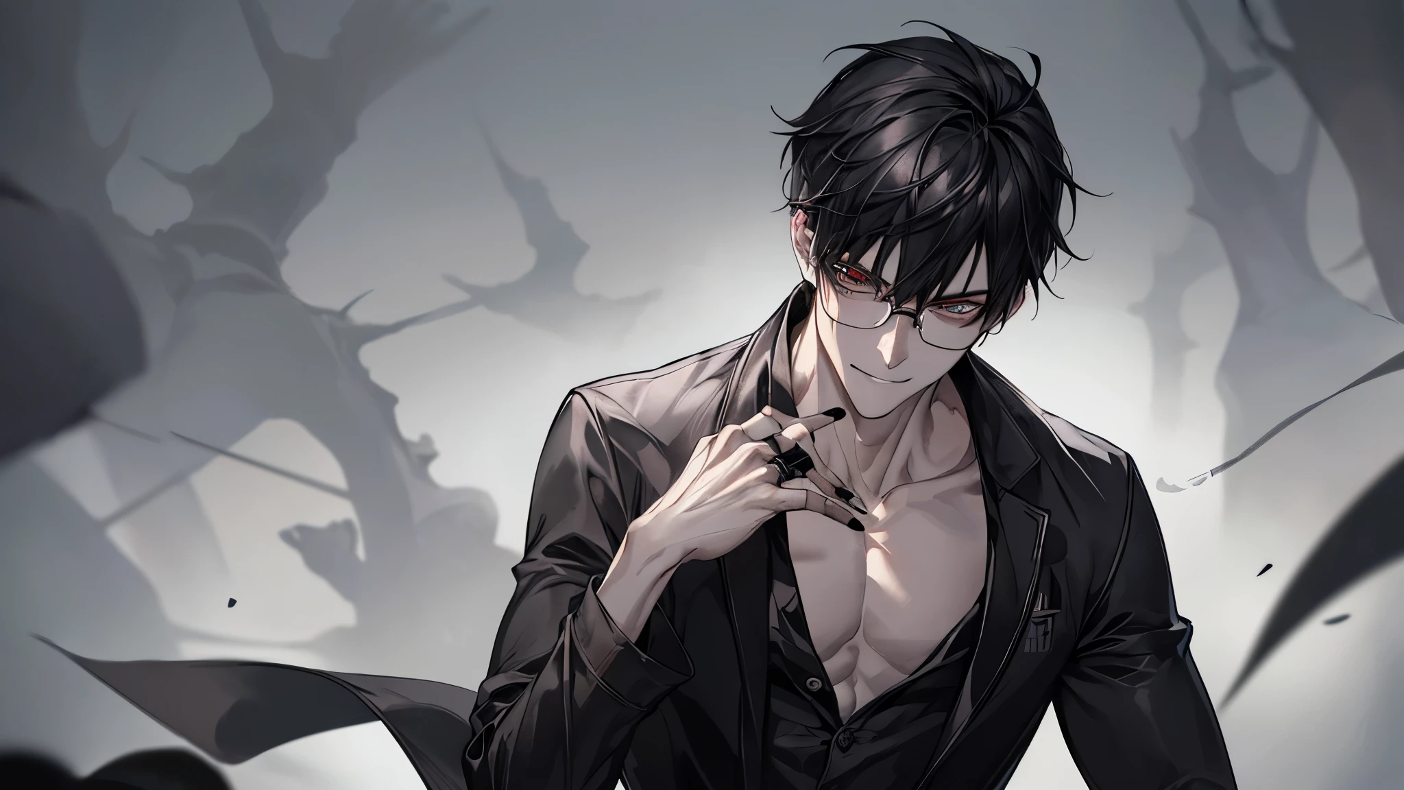 1 guy, black jeans unbuttoned, press, in a bathrobe, Thin, pale, rings on fingers, black nails, Glasses, black hair, a little sporty, Glass eyes, Malice, anger, portrait, cinematic lighting, Blur background, Best quality, Dark tones, Brown eyes, grinning, in headphones, many veins on the body, Thin, in the field where swords are stuck into the ground, swords in the ground, Misty Forest,