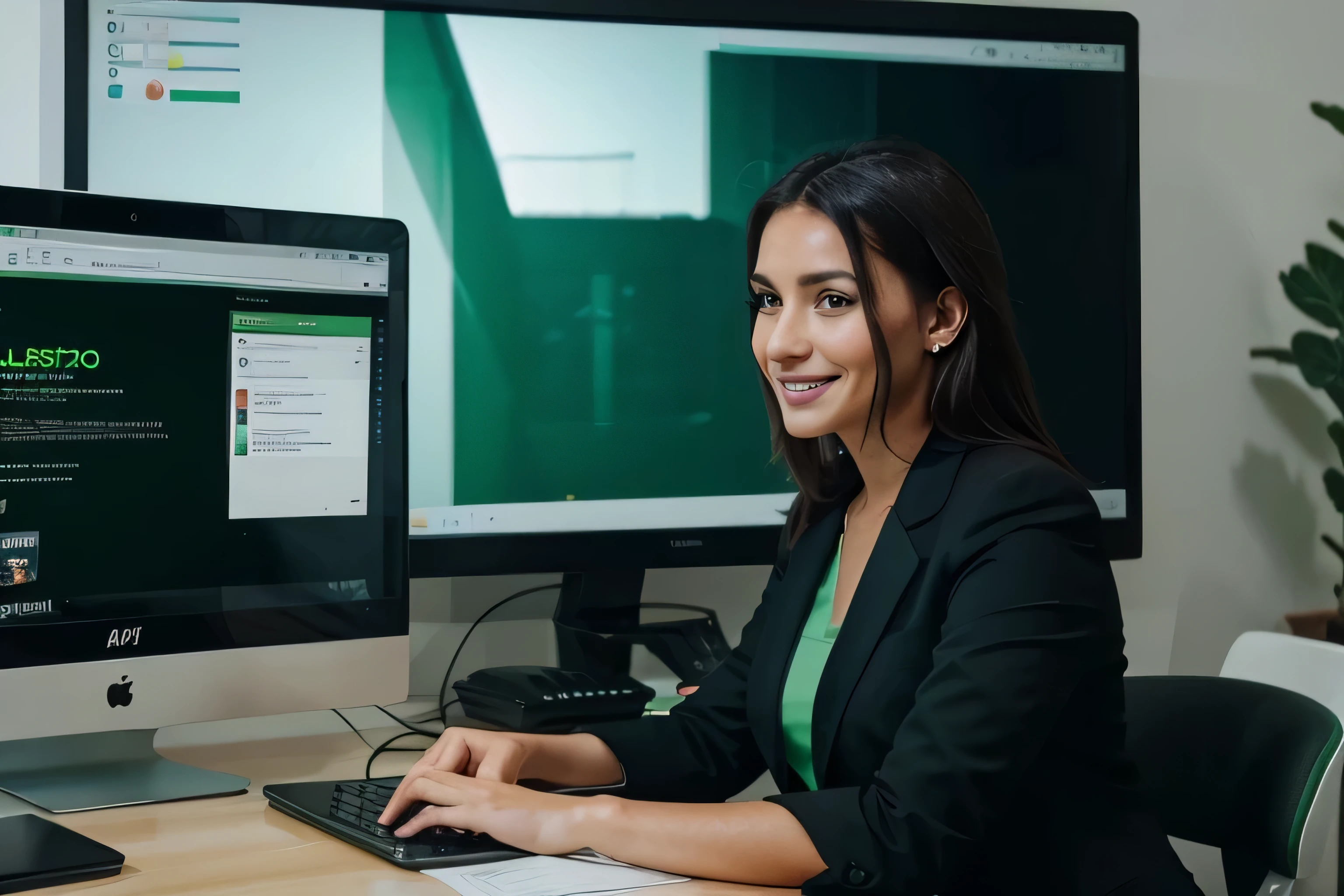 an happy young italian real estate agent scrolling trough a super classy website on a pc screen in his office. black and green colors. High-dtailed, 4k, ultra sharpen