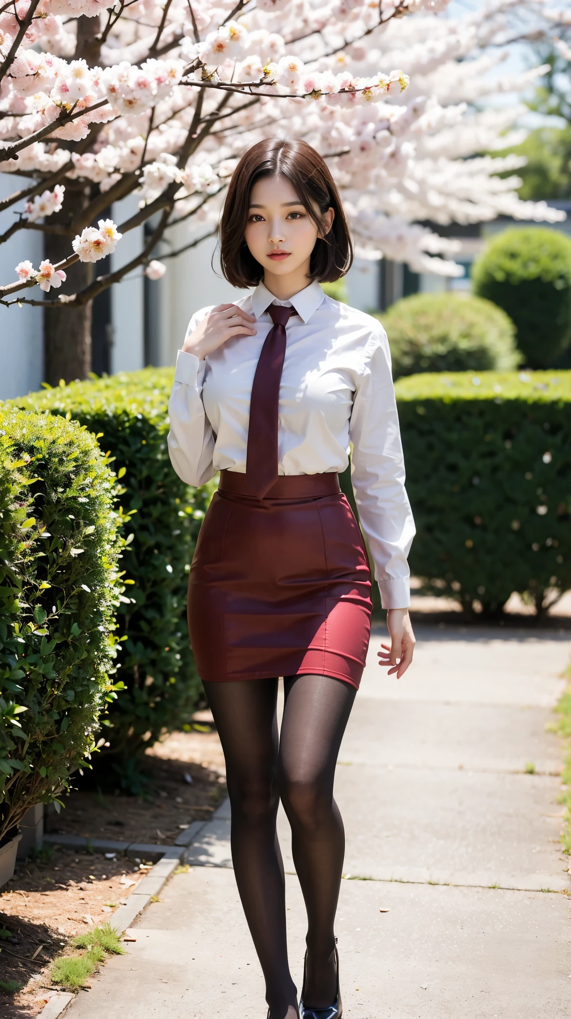 masterpiece, best quality,4girl,young girl, plum_pie eyes, brown, choppy bob,envious _face,shiny skin,medium breasts,nice leg line:1.3, thin waist,school uniform,necktie,((pencil skirt)),red color high heels, pantyhose, Pathway_lined_with_blooming_cherry_blossom_trees,,looking at viewer,from below,full body, legsupsexms, slim body