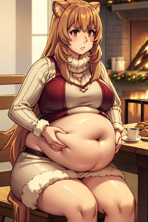 raphtalia, long hair, bangs, fat, raccoon ears, fat, chubby, fat, pregnant, big belly, overweight, Riza Hawkeye, hair in bun, fat, big belly, clothed, sitting down, table full of food, cookies, eating cookies, very fat, Christmas season, Christmas time, Christmas season, holidays, Christmas sweater,