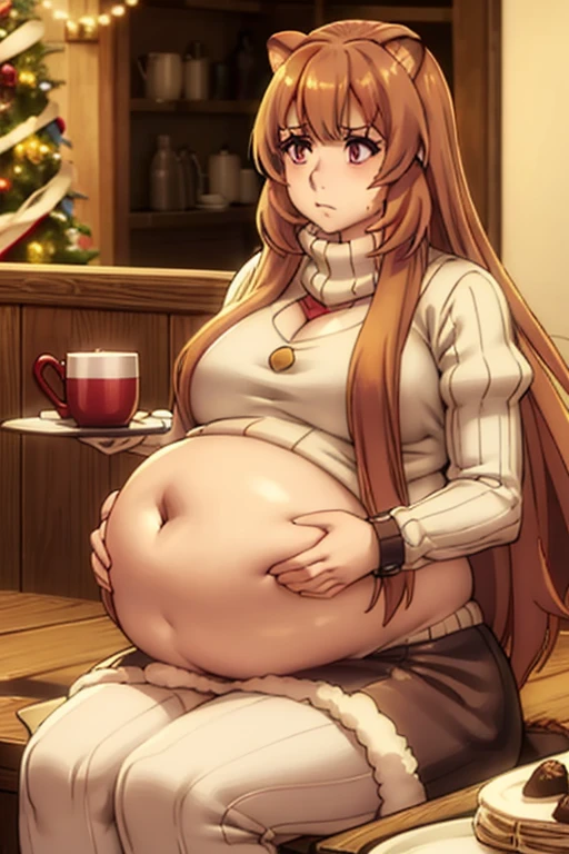 raphtalia, long hair, bangs, fat, raccoon ears, fat, chubby, fat, pregnant, big belly, overweight, Riza Hawkeye, hair in bun, fat, big belly, clothed, sitting down, table full of food, cookies, eating cookies, very fat, Christmas season, Christmas time, Christmas season, holidays, Christmas sweater,
