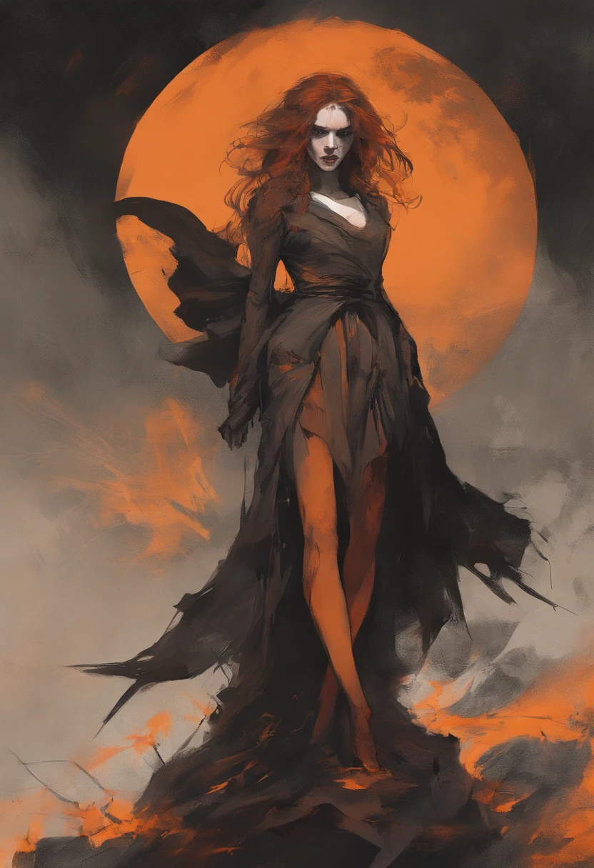 dark art, dramatic lighting, otherworld, best quality, oil painting, gloomy, ((terrifying, ominous, eerie, intense, by Francisco de Goya)), fog, epic art, ((witch burning)), crowd, medieval, (salem witch), 1girl, (ginger girl), (voluptouse), (makeup), (smirking), (sky-blue eyes), (long wavy hair), (orange-copper hair), (huge breasts), wide hips, (huge ass), thighs tights, (perfect legs), gorgeus triadic color scheme, deep shadows and brilliant highlights, atmospheric,