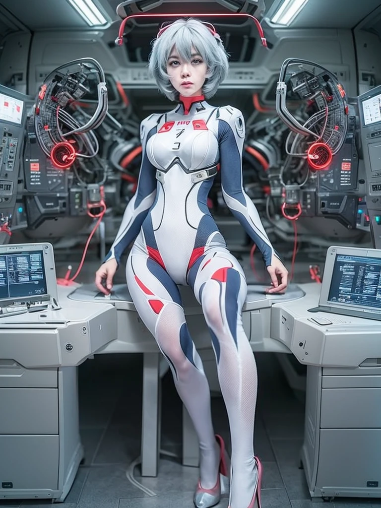 The full body Portrait of Rei Ayanami from Neon Genesis Evangelion, inside the NERV lab with lots of scientists, detailed scene, stunning details, anime, detailed environment, ray tracing, 8k，full-body shot，white shiny metal shoes，The luminous shapewear that is attached to the whole body is covered with high-tech geometric circuit lines.，Surrealism，perfect art form