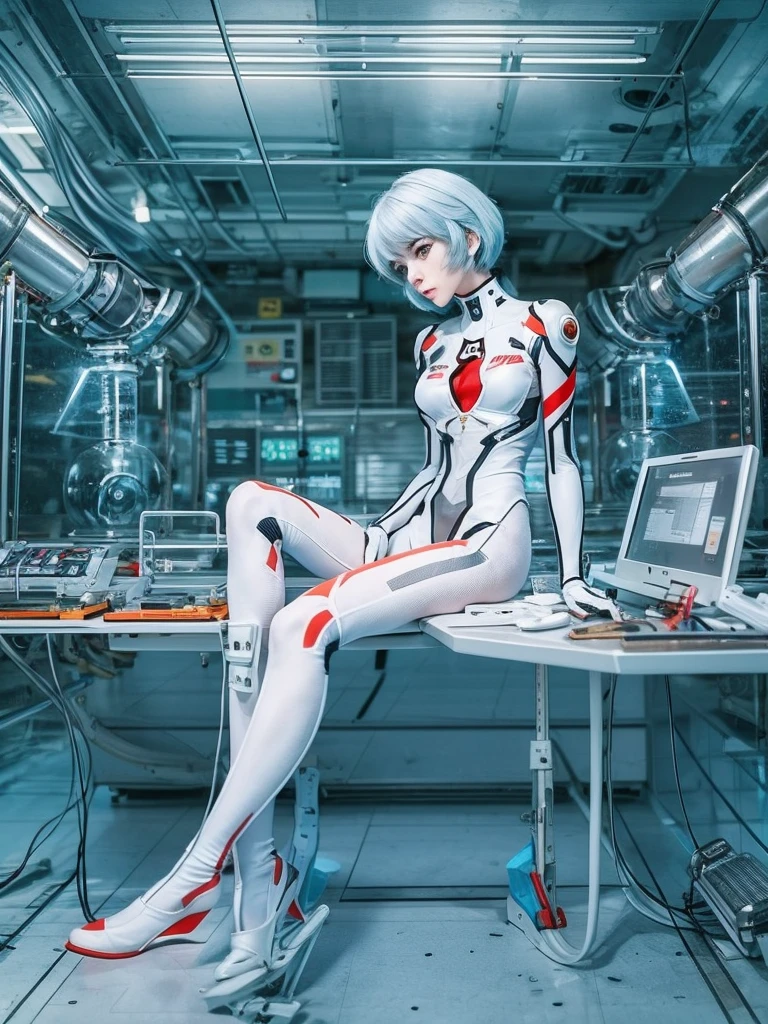 The full body Portrait of Rei Ayanami from Neon Genesis Evangelion, inside the NERV lab with lots of scientists, detailed scene, stunning details, anime, detailed environment, ray tracing, 8k，full-body shot，white shiny metal shoes，The luminous shapewear that is attached to the whole body is covered with high-tech geometric circuit lines.，Surrealism，perfect art form