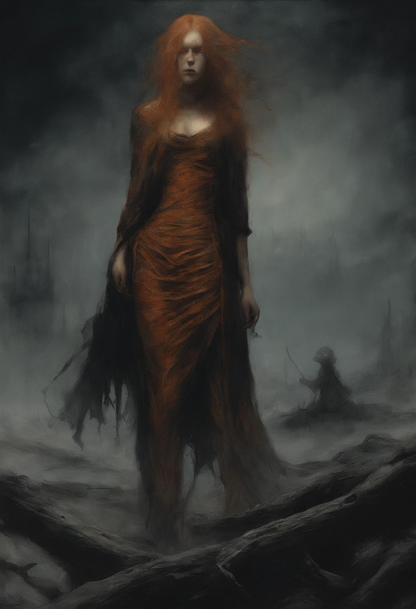 dark art, dramatic lighting, otherworld, best quality, oil painting, gloomy, ((terrifying, ominous, eerie, intense, by Francisco de Goya)), fog, epic art, ((witch burning)), crowd, medieval, (salem witch), 1girl, (ginger girl), (voluptouse), (makeup), (smirking), (sky-blue eyes), (long wavy hair), (orange-copper hair), (huge breasts), wide hips, (huge ass), thighs tights, (perfect legs), gorgeus triadic color scheme, deep shadows and brilliant highlights, atmospheric,