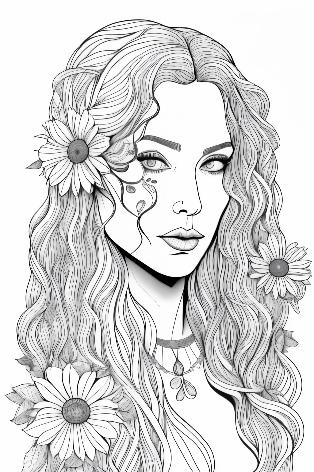 a girl with long hair and flowers in her hair, beautiful line art, line art colouring page, outline art, outlined art, line art portrait, extremely fine ink lineart, illustration black outlining, bold lineart, outline drawing, realistic line drawing, detailed line art, black and white line art, black and white coloring, detailed woman, lineart behance hd