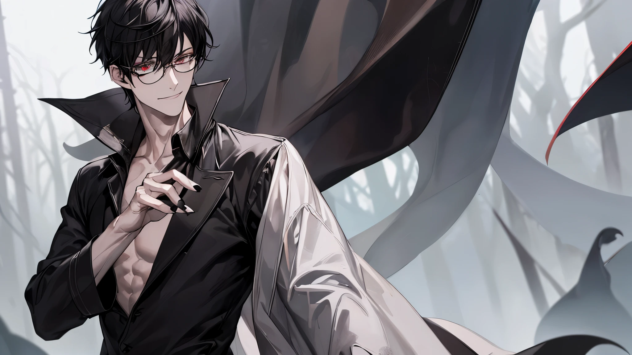 1 guy, black jeans unbuttoned, press, in a bathrobe, Thin, pale, rings on fingers, black nails, Glasses, black hair, a little sporty, Glass eyes, Malice, anger, portrait, cinematic lighting, Blur background, Best quality, Dark tones, Brown eyes, grinning, in headphones, many veins on the body, Thin, in the field where swords are stuck into the ground, swords in the ground, Misty Forest,