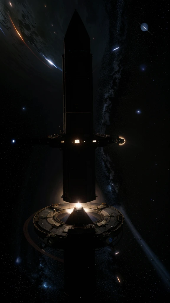 NASA crewed spacecraft with a warp drive emerging from the Black hole
