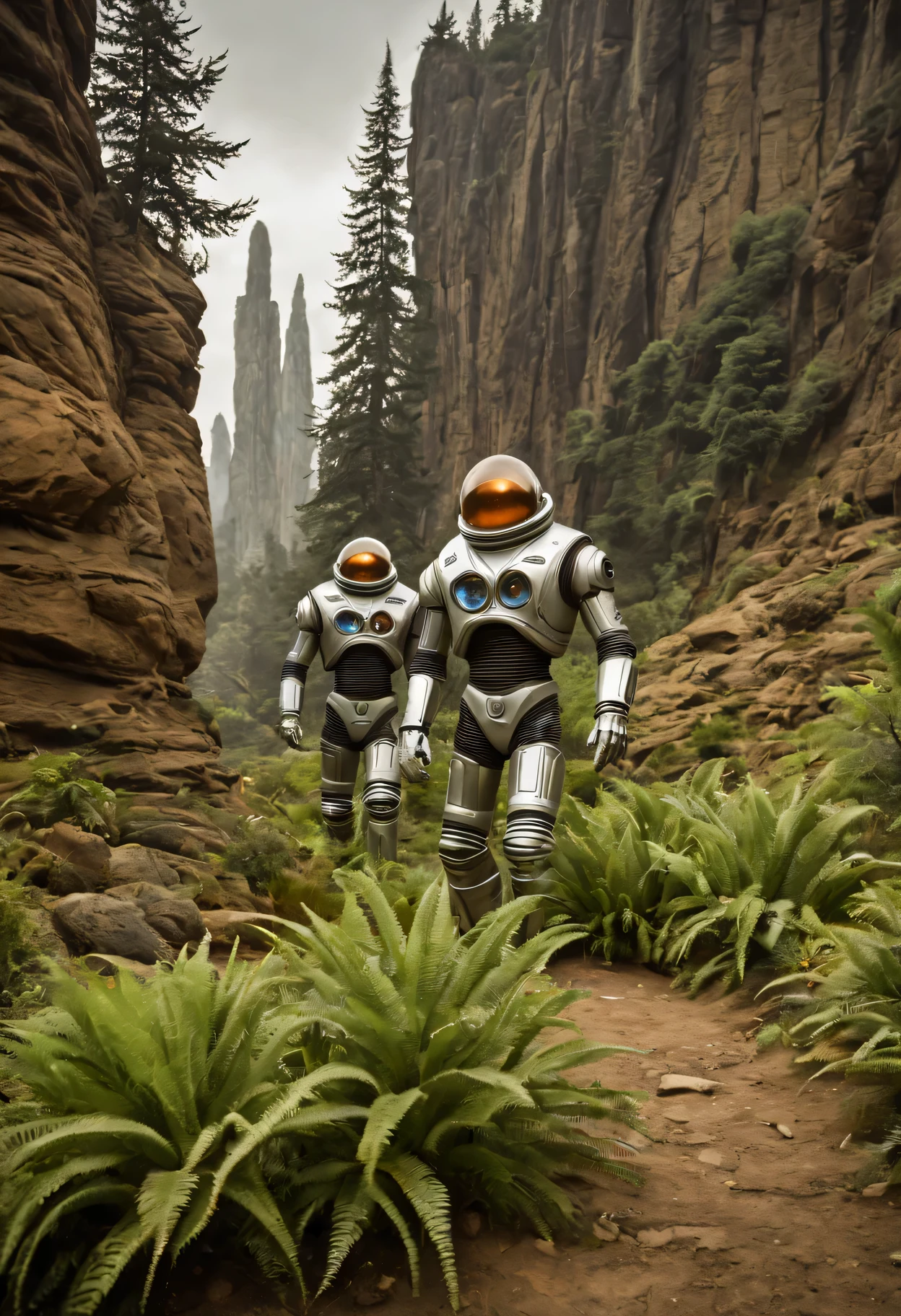 Crew of an old starship from a 1960s TV series on a rustic, picturesque planet, inserir um robot estilo B9 ao lado da tripulação, lost in space, with scenic plants and rocks, republic series, Programa de TV de Irwin Allen, Science fiction, Uniformes de acampamento coloridos estilo Star Trek e Lost in Space, retro look, vintage, estilo antigo, rostos perfeitos tipo atores dos anos de 1960, ((ROSTOS PERFEITOS)), large very colorful scenery, cogumelos gigantes, Plantas Estrangeiros, ((ROSTOS PERFEITOS)), include a foreigner in the crew, rostos melhorados, Estrangeiro, robot, Planeta Extraterrestre, TV studio lighting, fake scenario