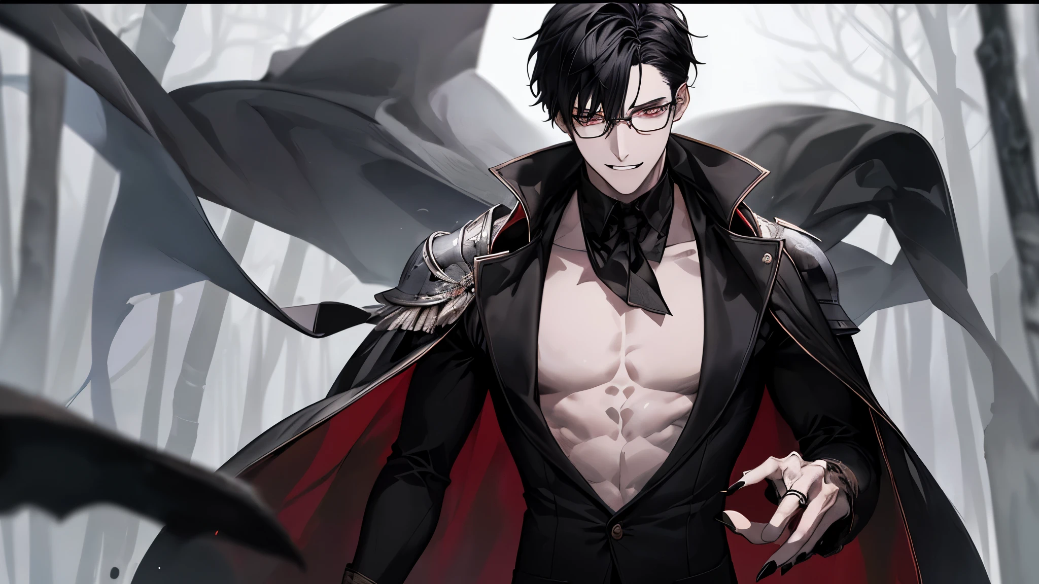 1 guy, black jeans unbuttoned, press, in a bathrobe, Thin, pale, rings on fingers, black nails, Glasses, black hair, a little sporty, Glass eyes, Malice, anger, portrait, cinematic lighting, Blur background, Best quality, Dark tones, Brown eyes, grinning, in headphones, many veins on the body, Thin, in the field where swords are stuck into the ground, swords in the ground, Misty Forest, armor lies on the ground,