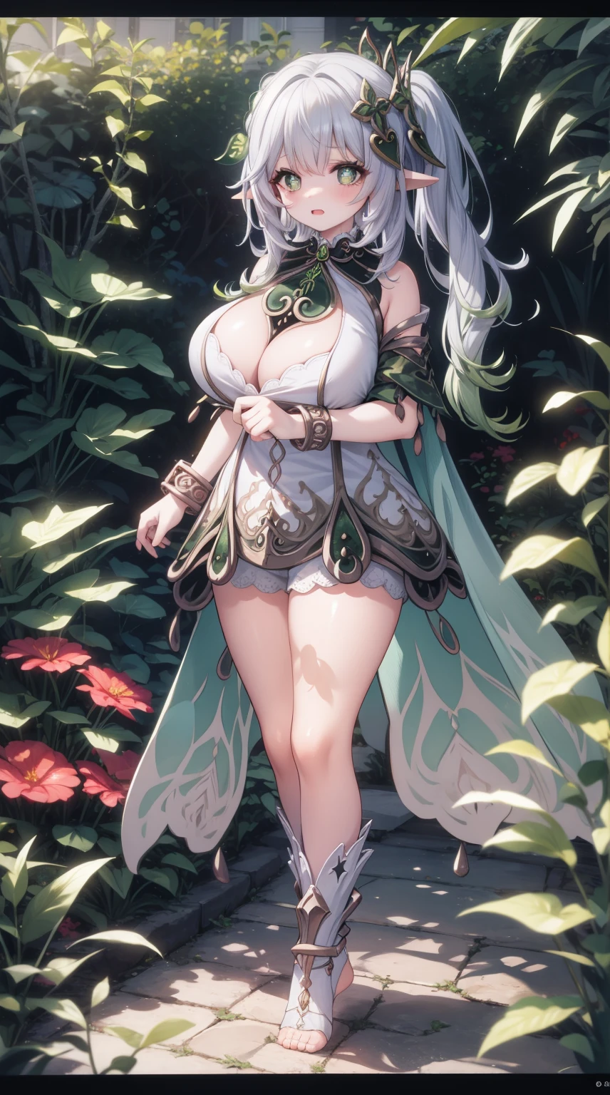 1girl,white hair,multicolored hair, side ponytail,hair ornament,green eyes,symbol-shaped pupils, (Beautiful,Huge_Breasts:1.3),
BREAK
, 1girl, solo, Standing in the garden, full body, full figure,
BREAK
, in Garden background, garden,
BREAK
, pointy ears, jewelry, detached sleeves, bracelet ,white dress, toeless legwear,
BREAK
, official art, extremely detailed CG unity 8k wallpaper, perfect lighting, Colorful, (best_quality:1.0), ultra high res,4K, ultra-detailed, 8K, HDR, high resolution, absurdres:1.2, film grain, blurry background, (vibrant_color:1.2), (beautiful_face:1.5), (narrow waist),
