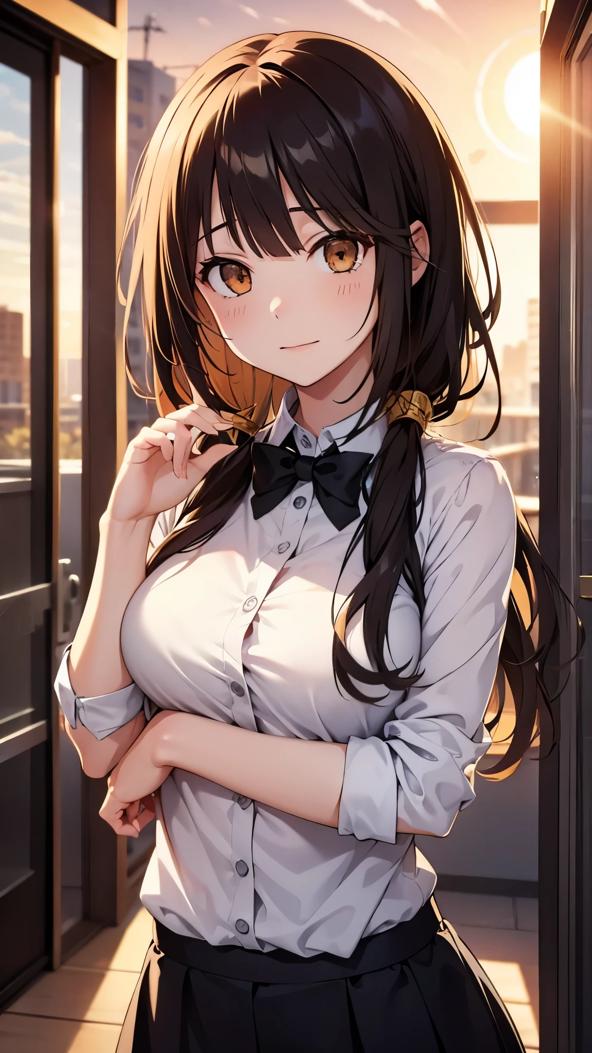 1girl, clock eye, 8K, office background, Golden hour