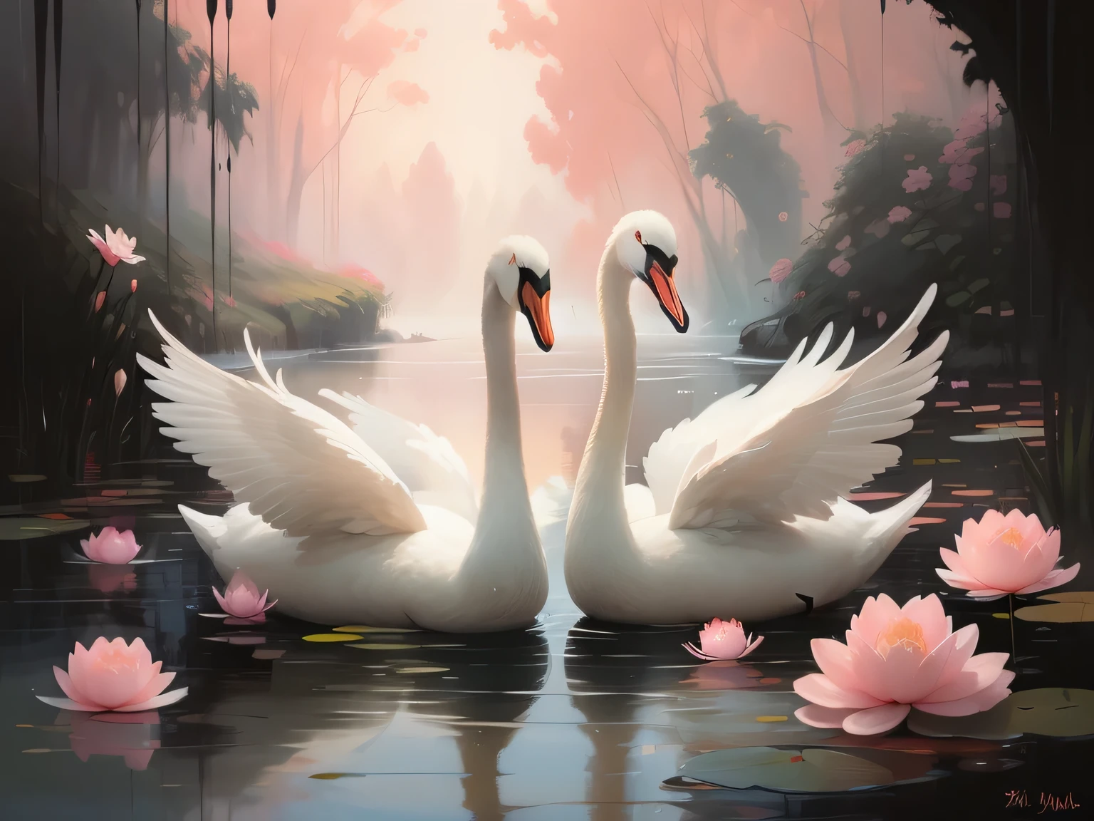 painting of two swans in a pond with pink flowers, beautiful art uhd 4 k, elegant digital painting, beautiful digital artwork, two swans swimming on the lake, beautiful digital painting, loish and wlop, swans, swan, by Yang J, a beautiful artwork illustration, gorgeous digital painting, wlop and ross tran, stunning digital painting
