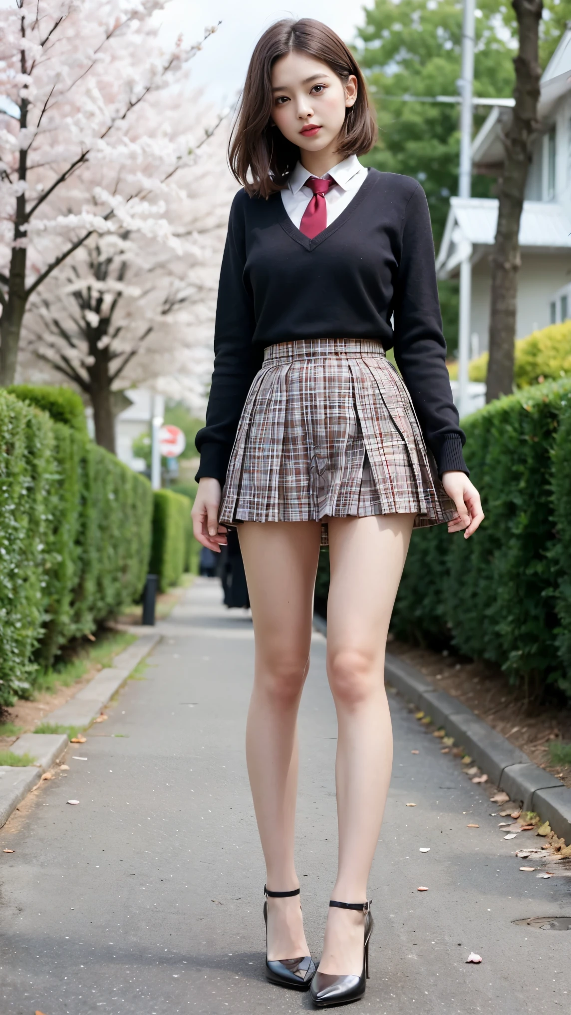 masterpiece, best quality,4girl,young girl, plum_pie eyes, brown, choppy bob,envious _face,shiny skin,medium breasts,nice leg line:1.3, thin waist, mini school uniform, necktie,((mini skirt)),red color high heels, Pathway_lined_with_blooming_cherry_blossom_trees,,looking at viewer,from below,full body, legsupsexms, slim body