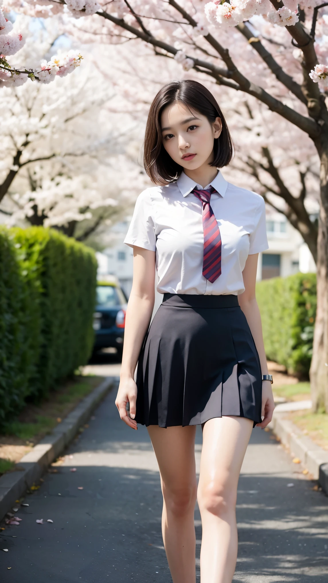 masterpiece, best quality,4girl,young girl, plum_pie eyes, brown, choppy bob,envious _face,shiny skin,medium breasts,nice leg line:1.3, thin waist, mini school uniform, necktie,((mini skirt)),red color high heels, Pathway_lined_with_blooming_cherry_blossom_trees,,looking at viewer,from below,full body, legsupsexms, slim body