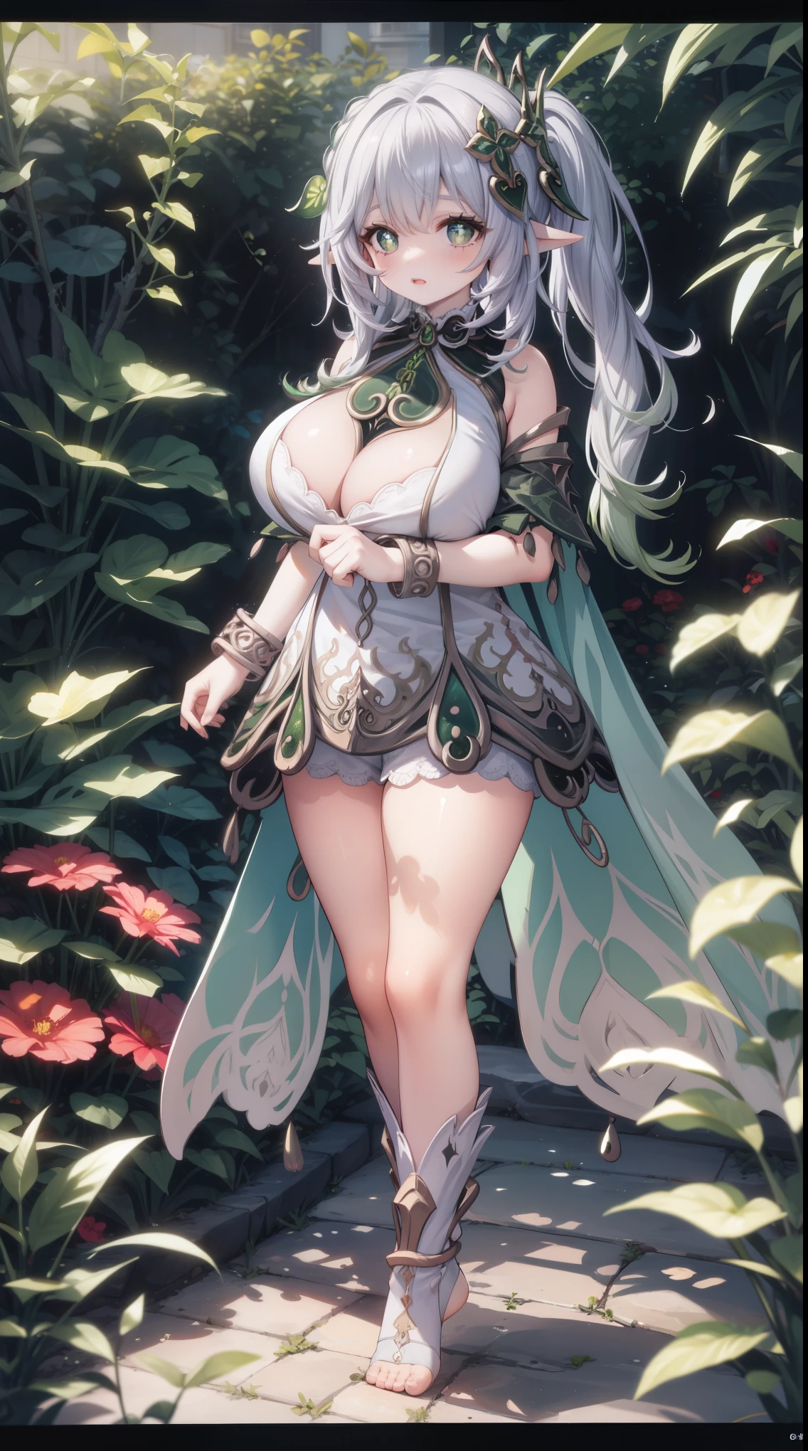 1girl,white hair,multicolored hair, side ponytail,hair ornament,green eyes,symbol-shaped pupils, (Beautiful,Huge_Breasts:1.3),
BREAK
, 1girl, solo, Standing in the garden, full body, full figure,
BREAK
, in Garden background, garden, 
BREAK
, pointy ears, jewelry, detached sleeves, bracelet ,white dress, toeless legwear,
BREAK
, official art, extremely detailed CG unity 8k wallpaper, perfect lighting, Colorful, (best_quality:1.0), ultra high res,4K, ultra-detailed, 8K, HDR, high resolution,  absurdres:1.2, film grain, blurry background, (vibrant_color:1.2), (beautiful_face:1.5), (narrow waist),