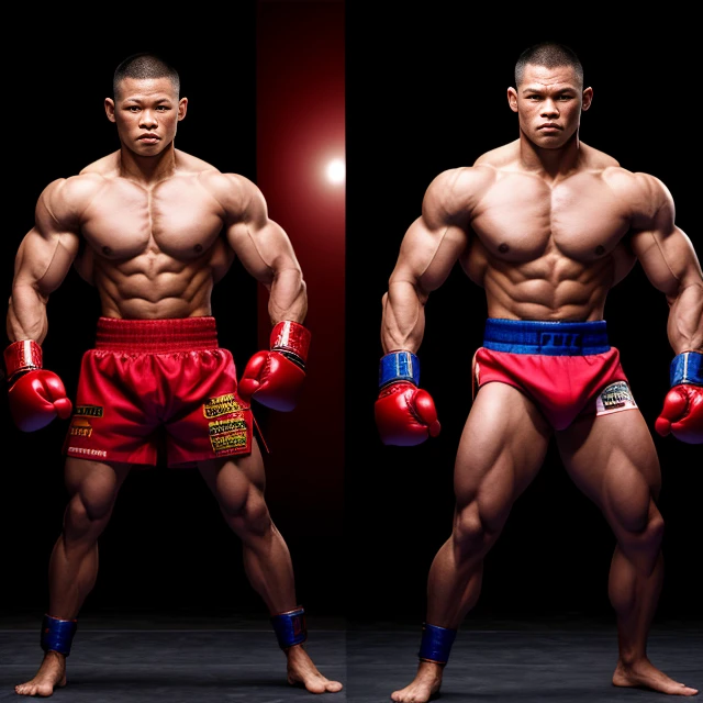 onoff,side-by-side photo,split screen,Muay Thai boxer, Muay Thai costume,muscle boy, sharp eyes, long, tight sexy body,masterpiece photograph,fighting pose,mideum shot,The fighter is a beautiful boy with short hair, realistic photo,depth of field,cinematic lighting,erect big penis,