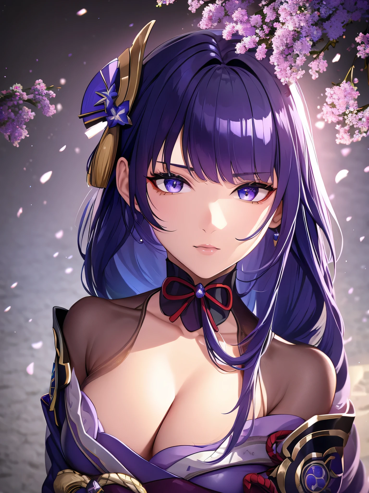 one beautiful woman,detailed beautiful hair,detailed beautiful eyes,realistic skin, shogun raiden from genshin impact,medieval japanese scenary