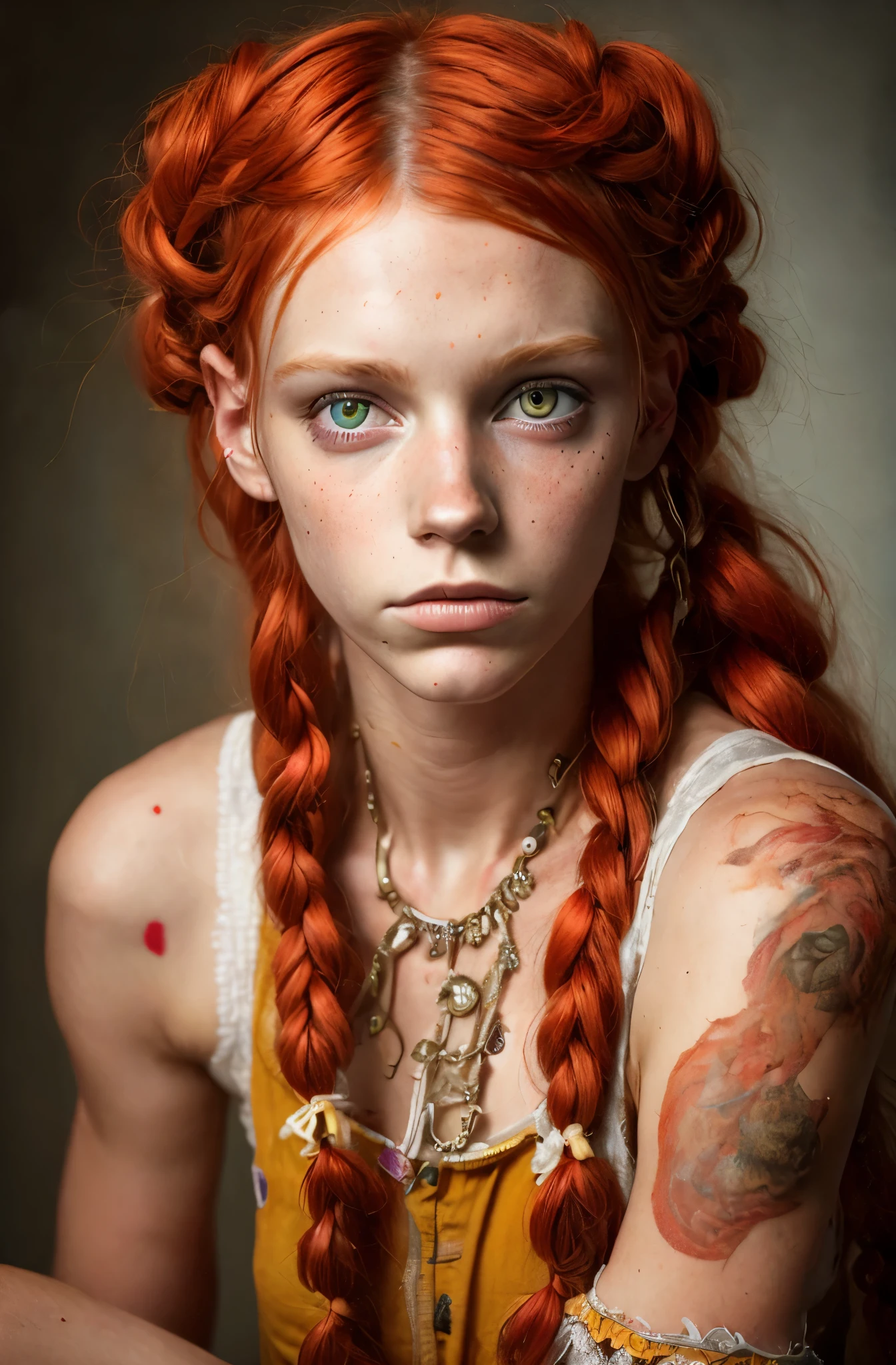 Ultra real photo of 18 years old Pippi Longstocking, mischievous eyes, long red messy and braided hair, sexy, sloppy look, mid-shot, in dinamic, vivid colors, intricate details of her beautiful eyes and perfect face.