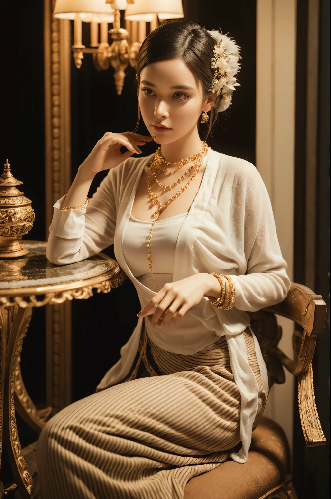 MMTD Burmese patterned traditional dress lady full body details, nice face, fair skin, traditional royal white dress, wearing Parel necklaces, traditional hair style, long scarf on shoulder, sitting on traditional style golden chair look like throne, traditional water jar , cup on tray on a classic table nearby, best composition, full view covered shot, cenimatic lightning and ultra realistic details, octane rendering, sharp focus, unreal engine,32k hd resolution, masterpiece of photography, prize winning award level picture, perfect anatomy