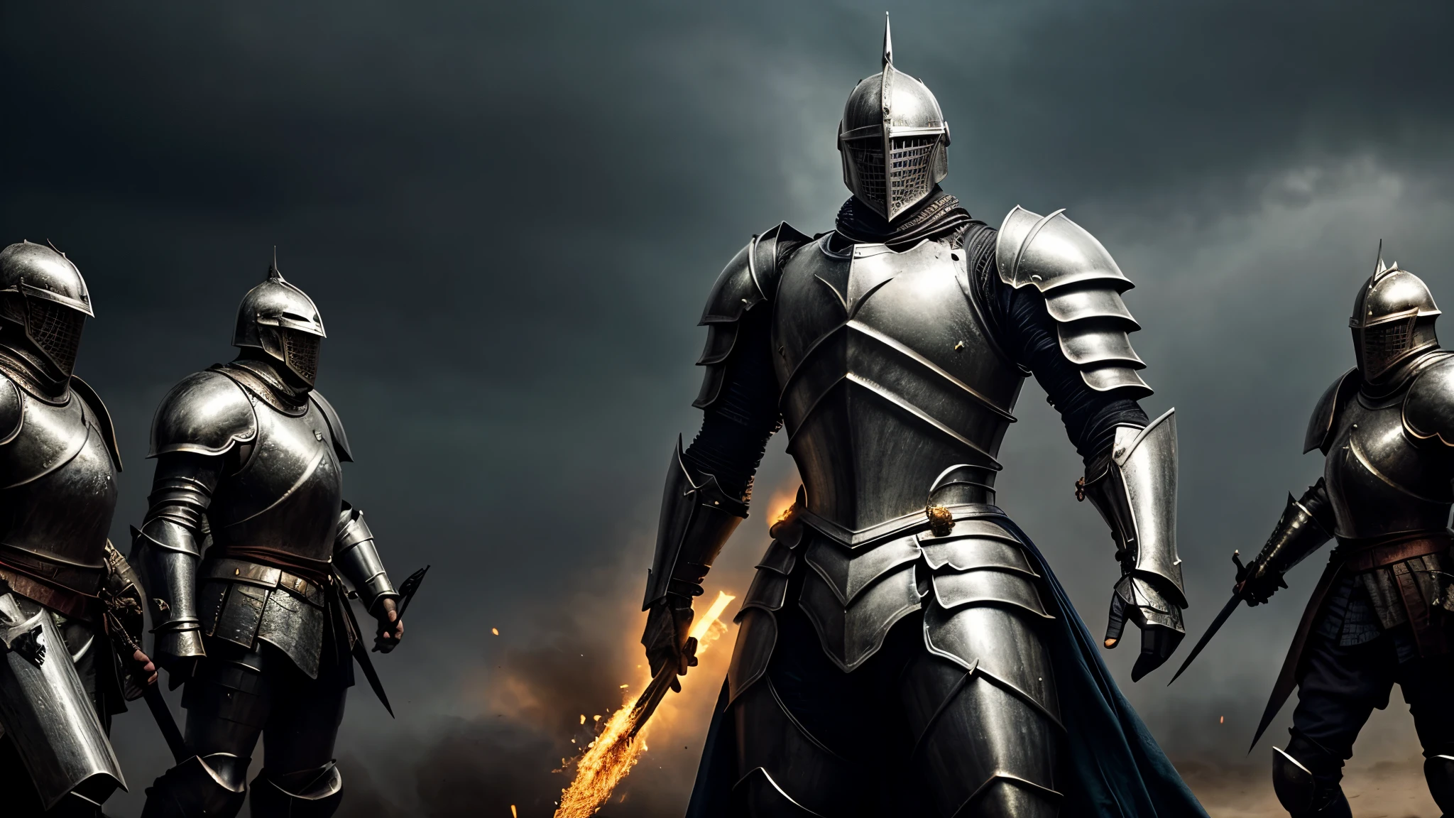An imposing knight and his friends dressed in heavy armor stands on the battlefield, empunhando um enorme machado de batalha. His armor glows with metallic sheen, showing his strength and defensive ability. The intricate details of the armor add to its striking appearance. The background is full of smoke, criando uma atmosfera tensa e intensa de batalha. This high-quality image captures the essence of a heavily armored knight, perfect for projects that require a sense of power and determination.