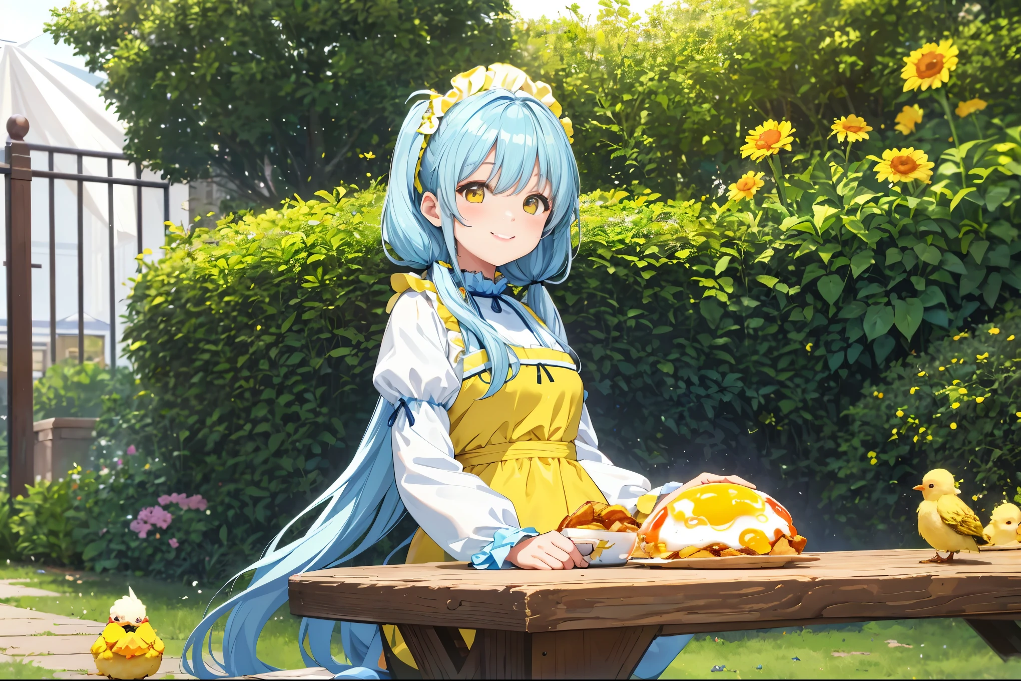 In a garden full of chicks　Beautiful girl eating fried egg breakfast　Light blue　long hair　twin tails　adorable smile　Yellow costume