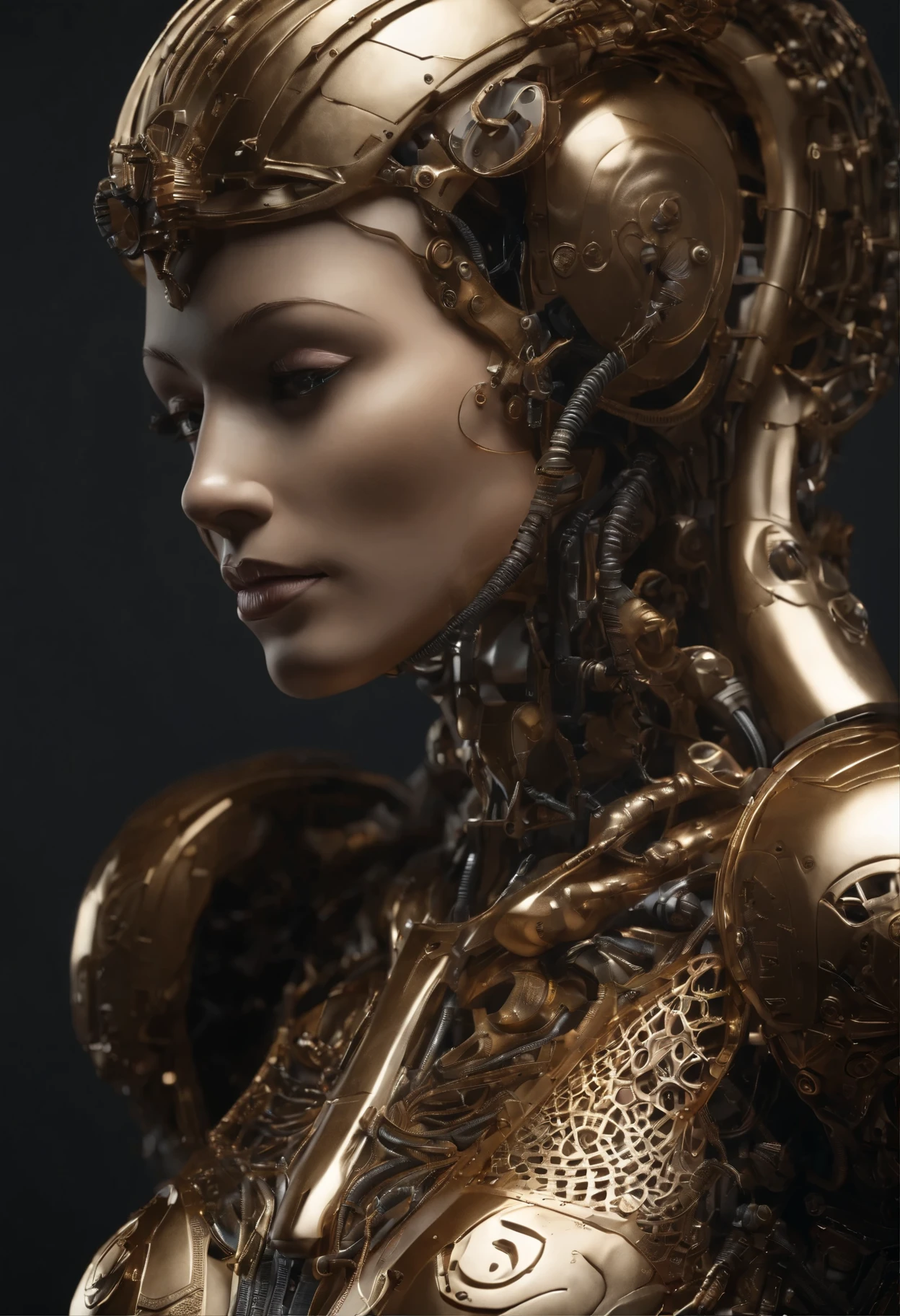 Portraid, Intricate 3d rendering of highly detailed beautiful ceramic female robot, ciborgue, robot parts, 150mm, beautiful studio soft light, Luz de aro, detalhes vibrantes, ciberpunk de luxo, RENDA, surreal, Anatomia , facial muscles, fios de cabo, microchips, elegance, fundo bonito, Octane rendering, Estilo HR Giger, 8k, melhor qualidade, obra de arte, illustration, Muito delicado e lindo, muito detalhado, realista, uniforme, ( fidelidade, fidelidade: 1.37), splendid, detalhe fino, obra de arte, melhor qualidade, arte oficial, Papel de parede realista Unity 8K muito detalhado, absurdo, Inacreditavelmente absurdoo, robot, capacete prateado, corpo todo, sentar e escrever