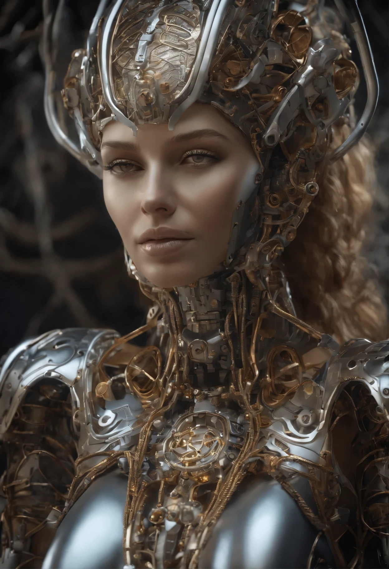 Portraid, Intricate 3d rendering of highly detailed beautiful ceramic female robot, ciborgue, robot parts, 150mm, beautiful studio soft light, Luz de aro, detalhes vibrantes, ciberpunk de luxo, RENDA, surreal, Anatomia , facial muscles, fios de cabo, microchips, elegance, fundo bonito, Octane rendering, Estilo HR Giger, 8k, melhor qualidade, obra de arte, illustration, Muito delicado e lindo, muito detalhado, realista, uniforme, ( fidelidade, fidelidade: 1.37), splendid, detalhe fino, obra de arte, melhor qualidade, arte oficial, Papel de parede realista Unity 8K muito detalhado, absurdo, Inacreditavelmente absurdoo, robot, capacete prateado, corpo todo, sentar e escrever