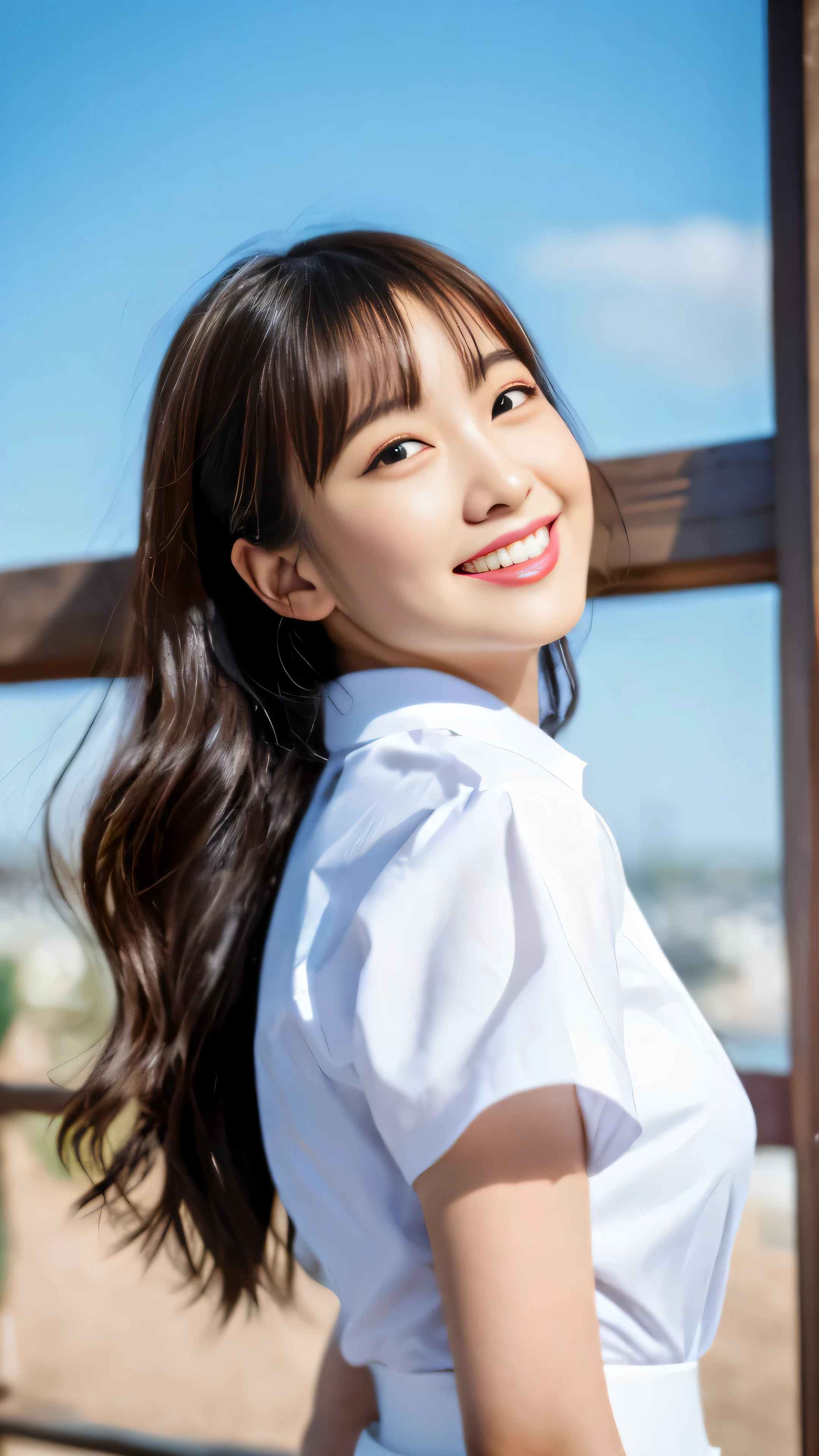 Black Eyes, 1 woman, (female)), solo, real, top quality, photorealistic, masterpiece, 8K, HDTV, solo, hdtv face, soft lighting, bedroom, ((daytime)), sky, (looking at camera), (portrait: 0.6), full-body, (medium hair), ponytail, brown hair, floating hair, lips, lipstick, seductive smile, Floating hair, smile, open mouth, teeth, eyelashes, Nogizaka 46, Moeka Tada, Akari Suda, idol, beautiful girl, ((uniform)), (((standing))