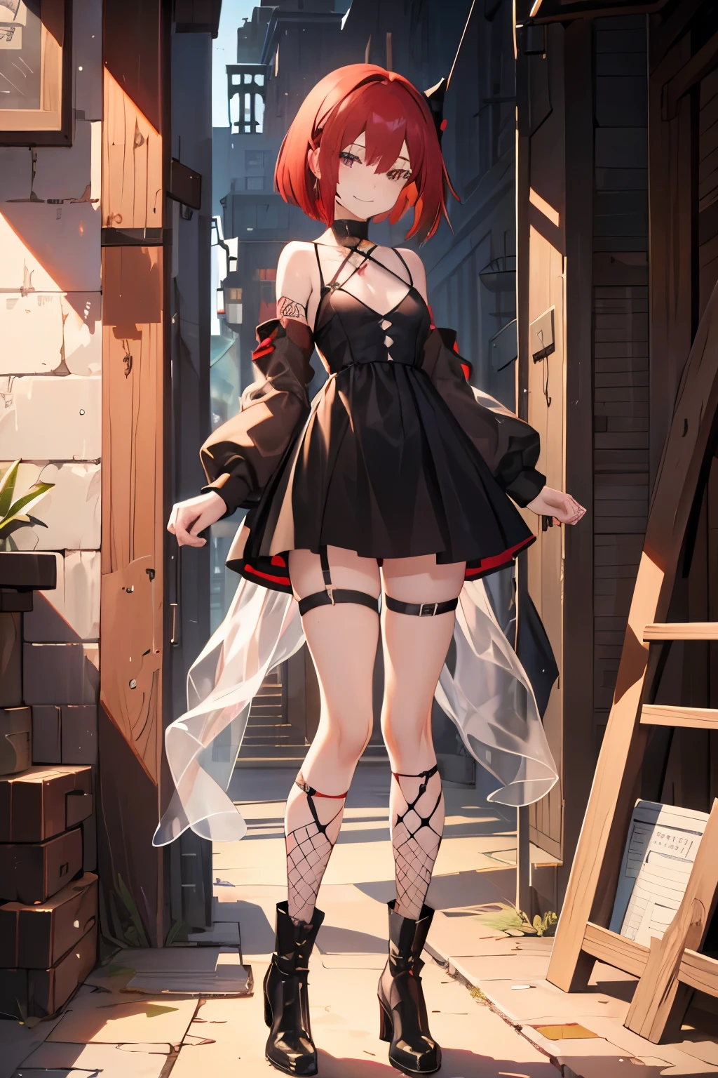 young girl, red hair, 18 years old, small breasts, small biotype, bob hair, tattoed arms, black tattos, piercings in face, , black dress, black letter dress, short dress, punk dress, wearing fishnet stockings, black boots, smiling, looking at viewer, holding beer cup, 4k, masterpiece
