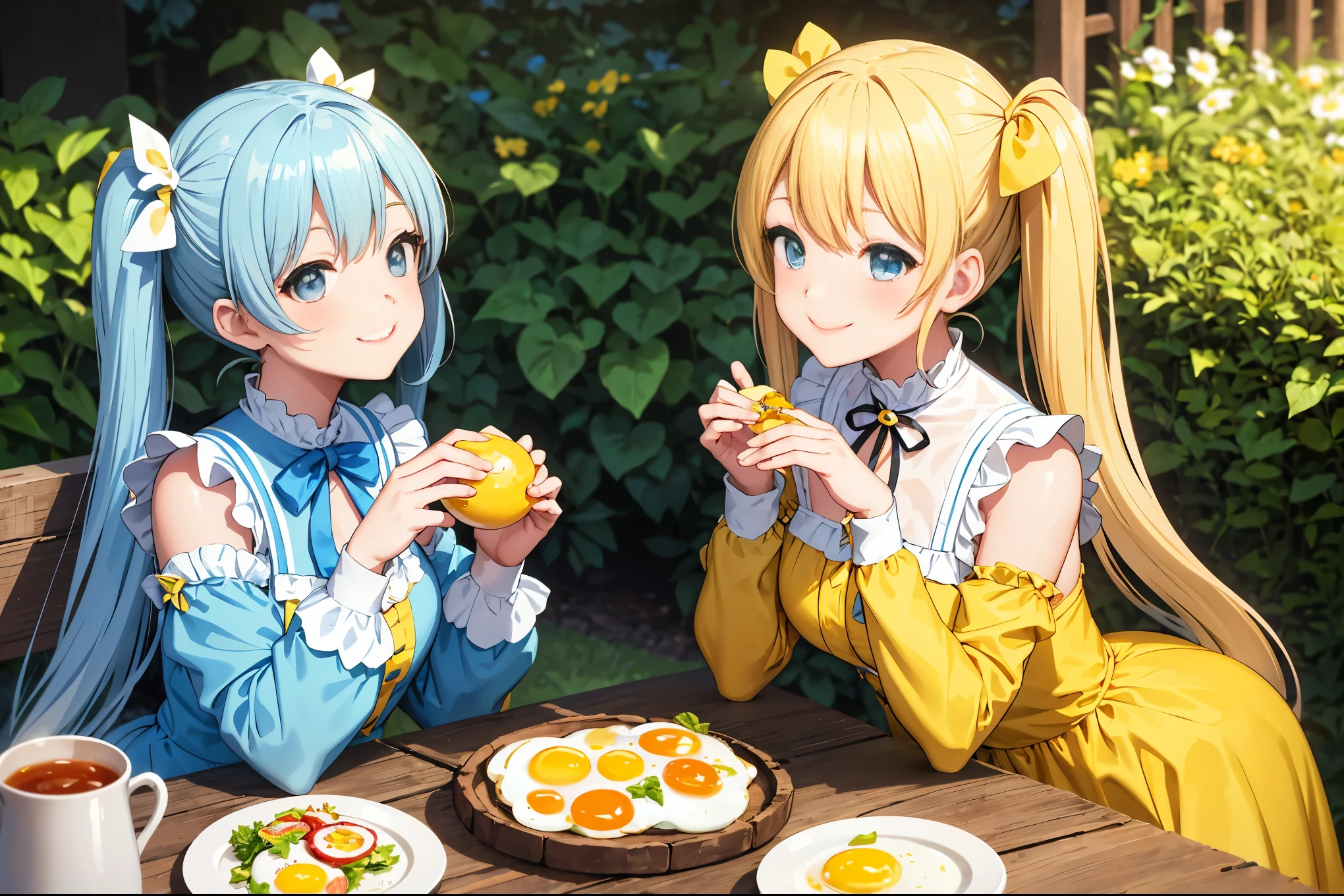 In a garden full of chicks Beautiful girl eating fried egg breakfast Light blue long hair twin tails adorable smile Yellow costume