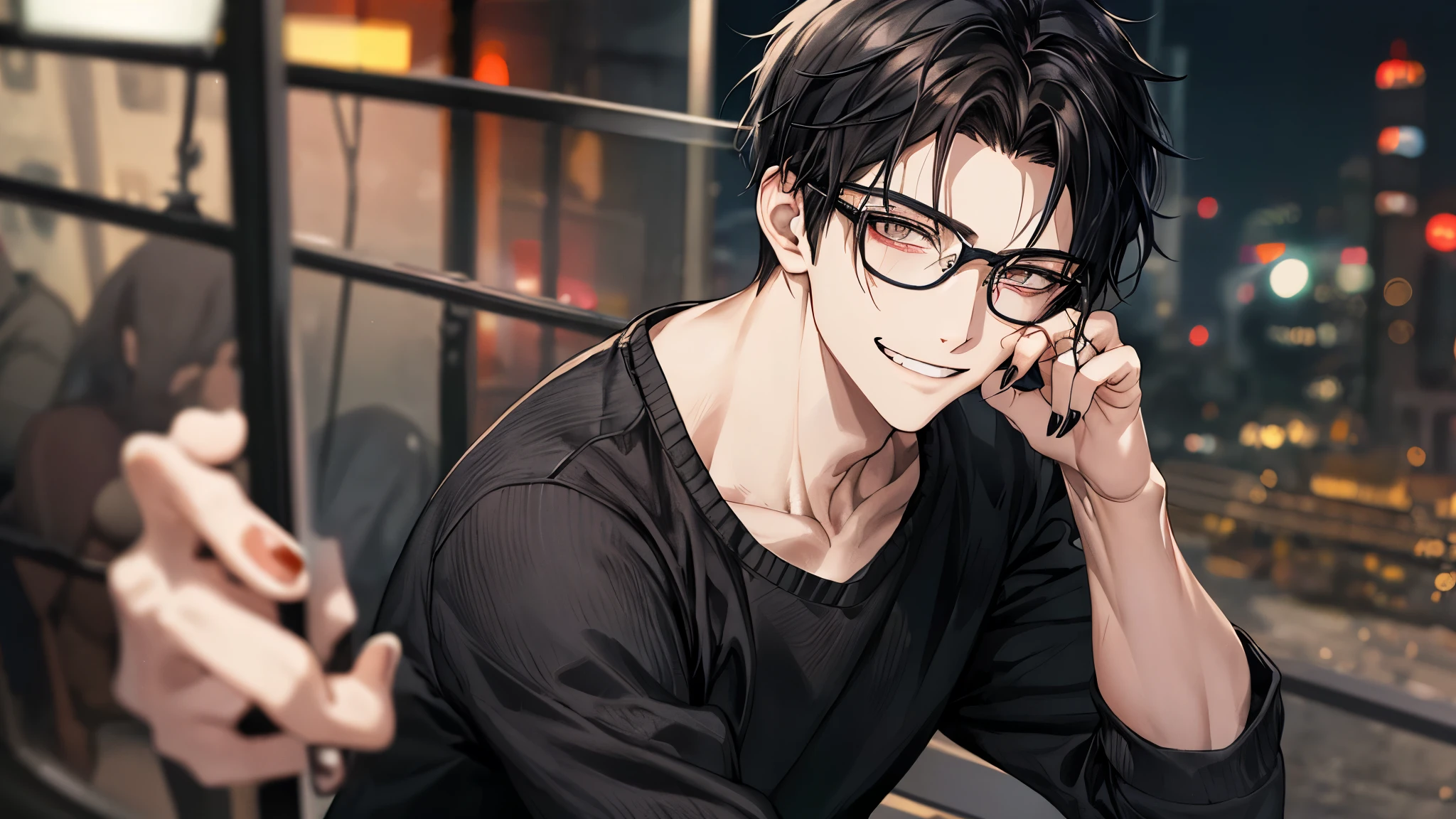1 guy, black jeans, black sweater, press, Thin, pale, rings on fingers, black nails, Glasses, black hair, a little sporty, Glass eyes, smiling, cinematic lighting, Blur background, Best quality, night city, Dark tones, Wet, Brown eyes, grinning, many veins on the body, Thin, in Tokyo Pepper, in the slums,