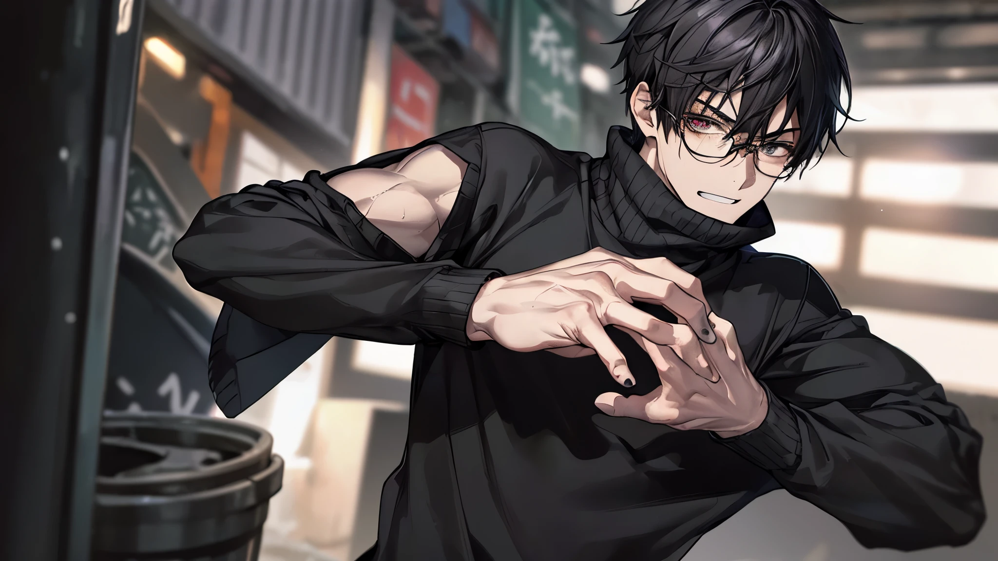 1 guy, black jeans, black sweater, press, Thin, pale, rings on fingers, black nails, Glasses, black hair, a little sporty, Glass eyes, anger, anger, cinematic lighting, Blur background, Best quality, night city, Dark tones, Wet, Brown eyes, grinning, many veins on the body, Thin, in a Tokyo alley, in the slums, at the trash cans,