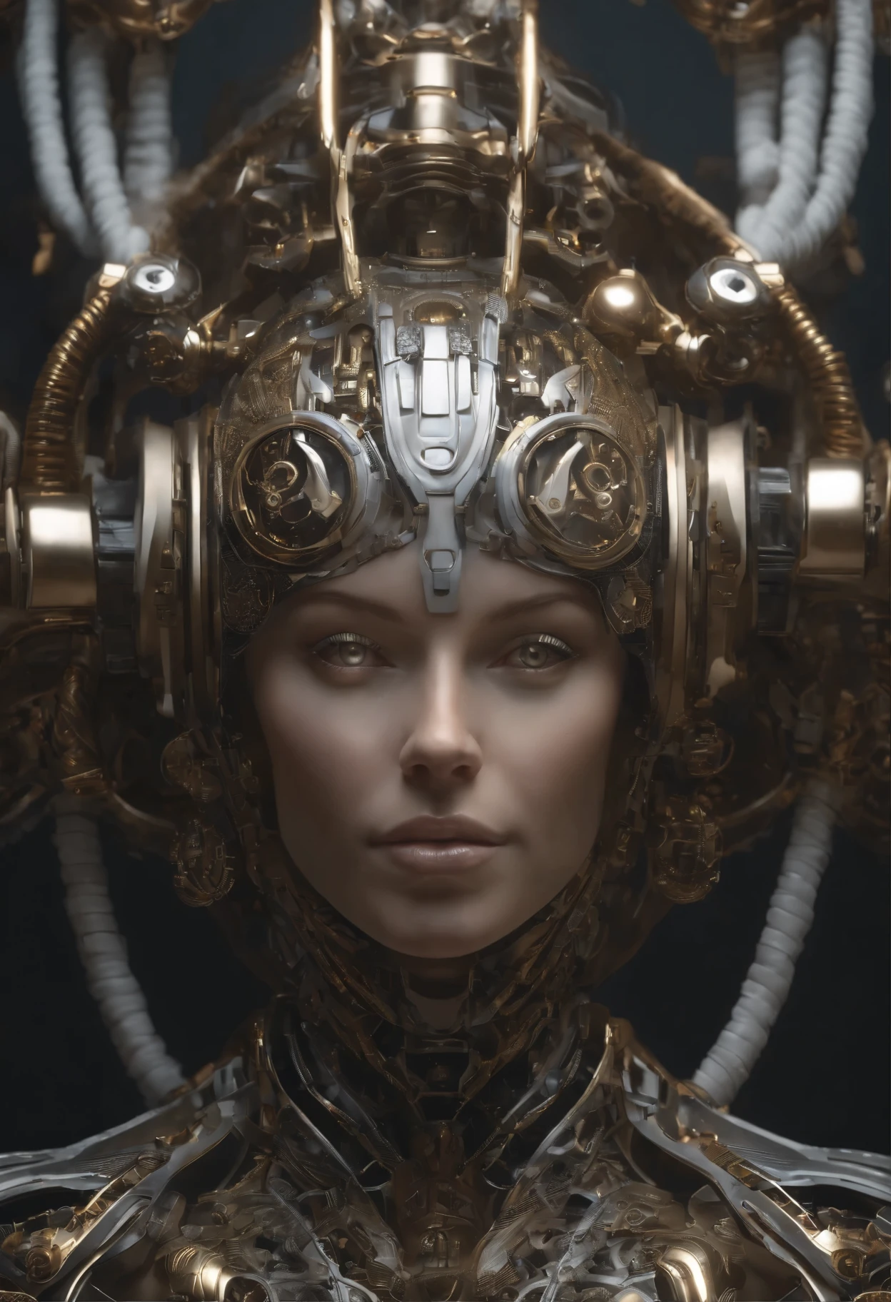 Portraid, Intricate 3d rendering of highly detailed beautiful ceramic female robot, ciborgue, robot parts, 150mm, beautiful studio soft light, Luz de aro, detalhes vibrantes, ciberpunk de luxo, RENDA, surreal, Anatomia , facial muscles, fios de cabo, microchips, elegance, fundo bonito, Octane rendering, Estilo HR Giger, 8k, melhor qualidade, obra de arte, illustration, Muito delicado e lindo, muito detalhado, realista, uniforme, ( fidelidade, fidelidade: 1.37), splendid, detalhe fino, obra de arte, melhor qualidade, arte oficial, Papel de parede realista Unity 8K muito detalhado, absurdo, Inacreditavelmente absurdoo, robot, capacete prateado, corpo todo, sentar e escrever