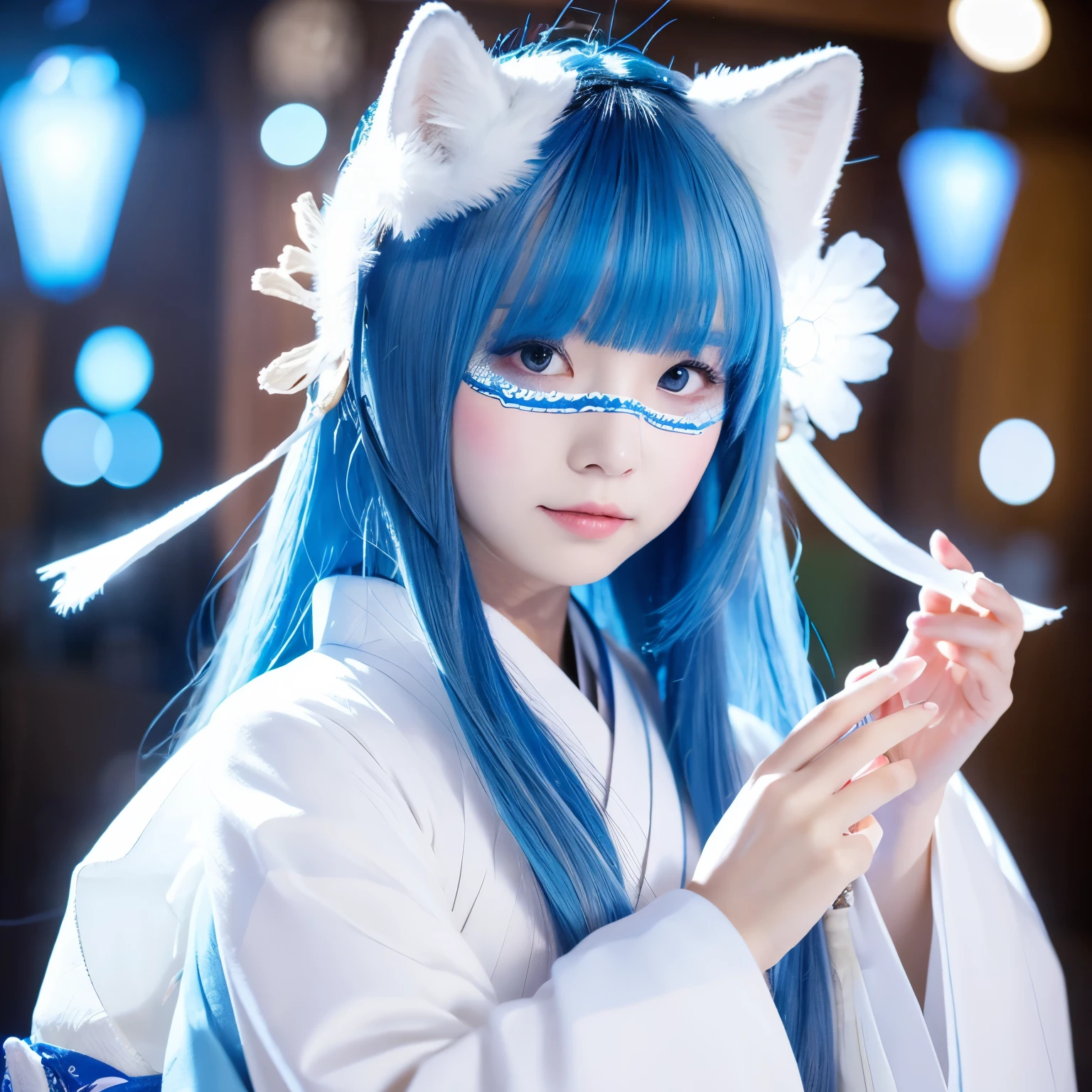 Apparition,kimono,The mask is white with a five-pointed star,White fox,personification,female,light blue hair,long hair,Highly realistic