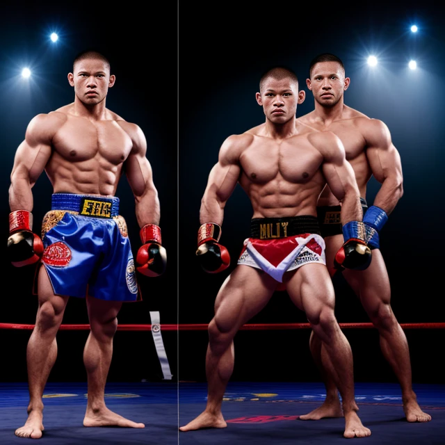 onoff,side-by-side photo,split screen,Muay Thai boxer, Muay Thai costume,muscle boy, sharp eyes, long, tight sexy body,masterpiece photograph,fighting pose,mideum shot,The fighter is a beautiful boy with short hair, realistic photo,depth of field,cinematic lighting,big penis is erected,